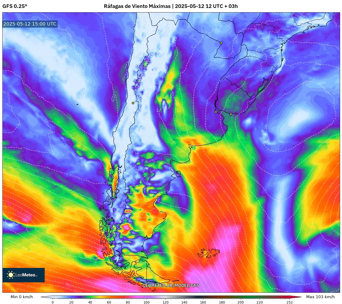 GFS - Argentina, Ráfagas de Viento Máximas GFS - Argentina, Ráfagas de Viento Máximas