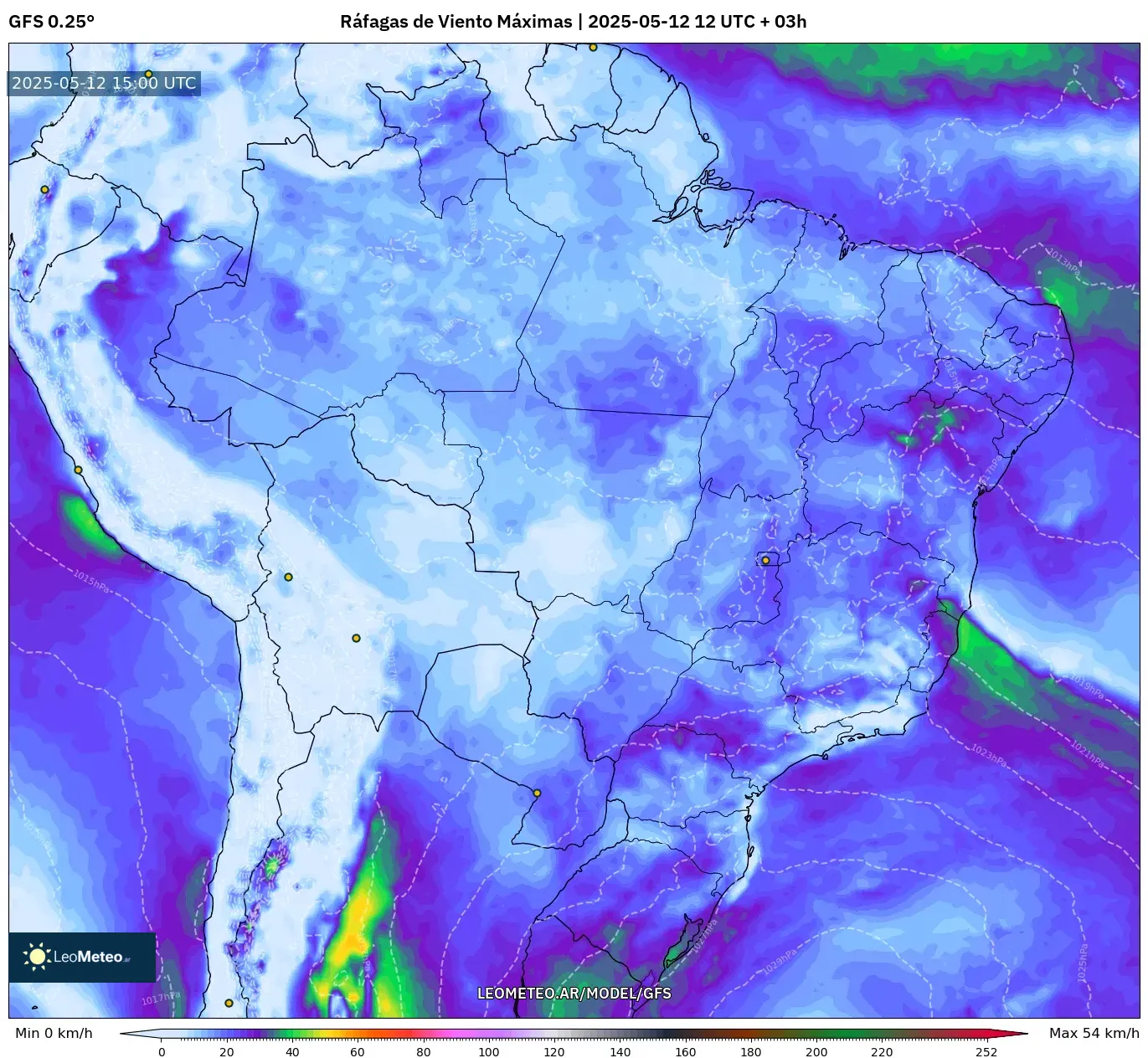 GFS - Brasil, Ráfagas de Viento Máximas GFS - Brasil, Ráfagas de Viento Máximas