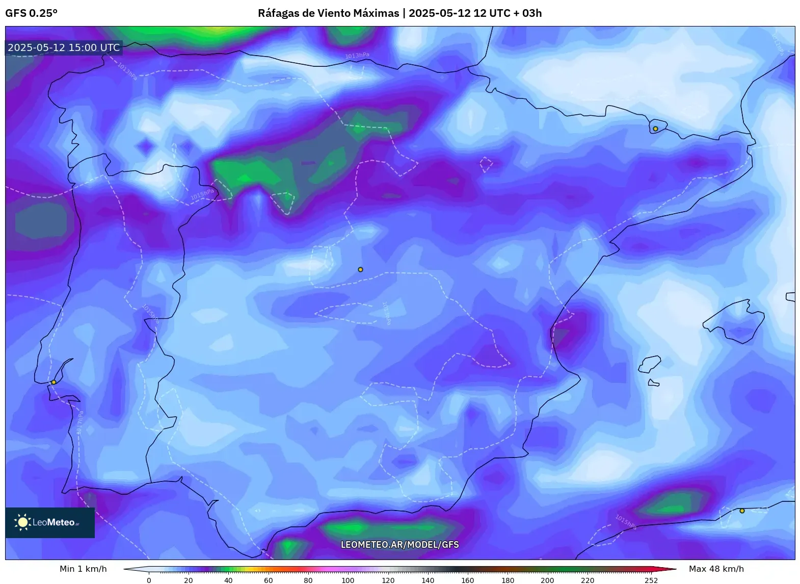 GFS - España, Ráfagas de Viento Máximas GFS - España, Ráfagas de Viento Máximas