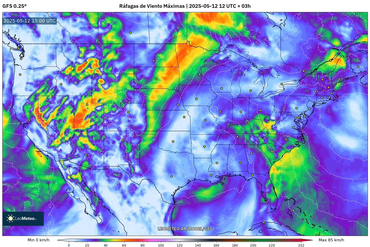 GFS - Estados Unidos, Ráfagas de Viento Máximas GFS - Estados Unidos, Ráfagas de Viento Máximas