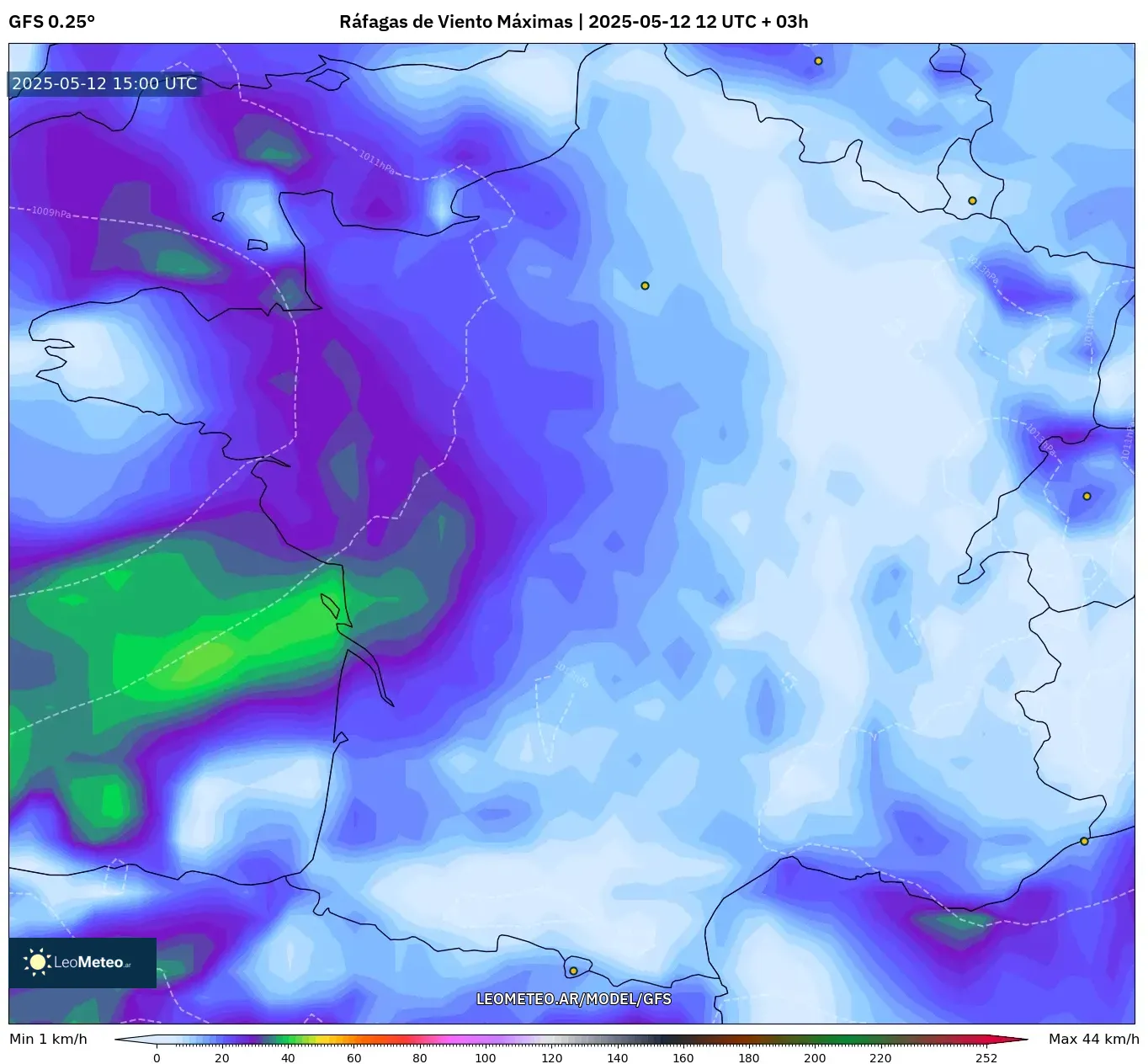 GFS - Francia, Ráfagas de Viento Máximas GFS - Francia, Ráfagas de Viento Máximas