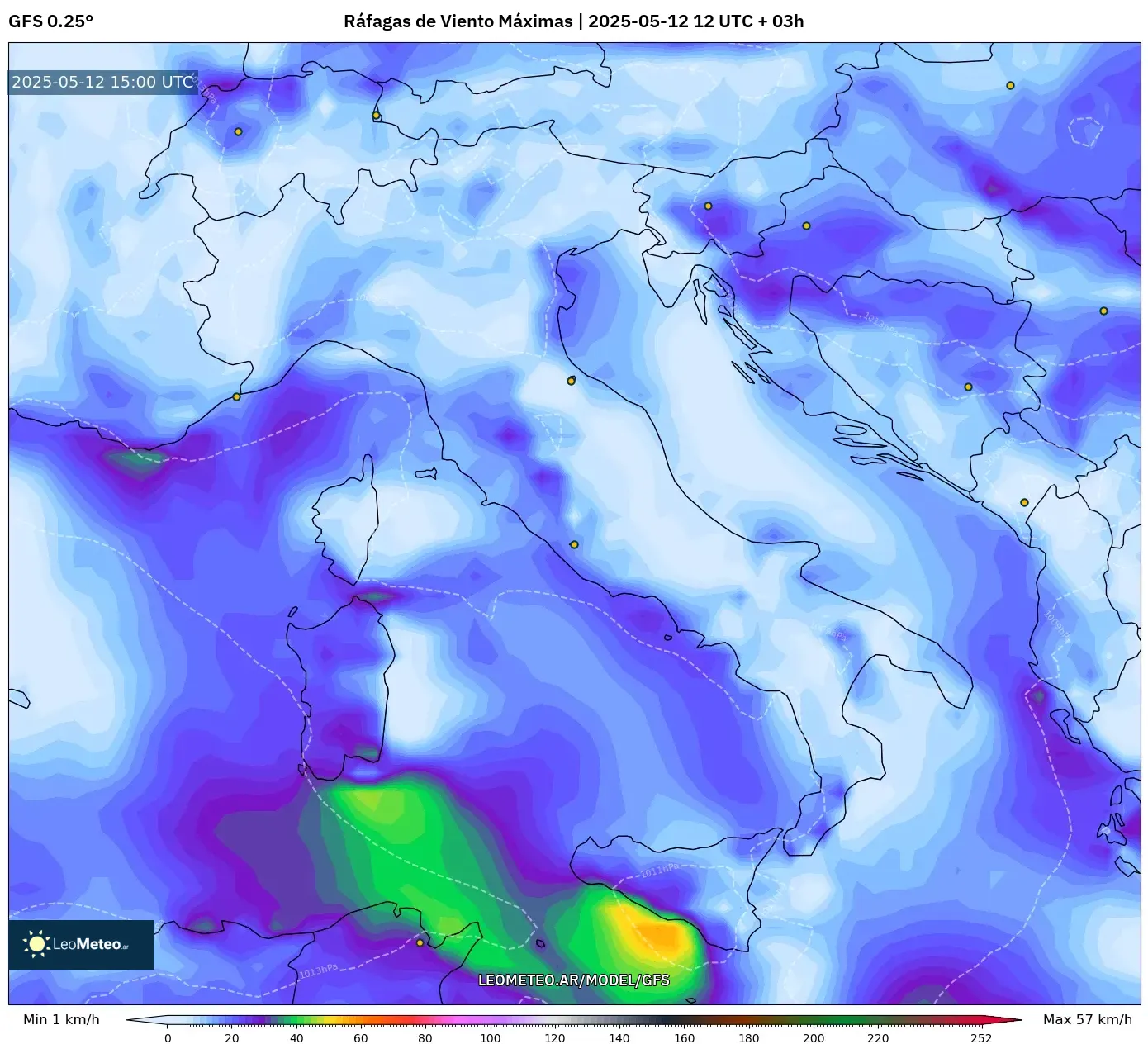 GFS - Italia, Ráfagas de Viento Máximas GFS - Italia, Ráfagas de Viento Máximas