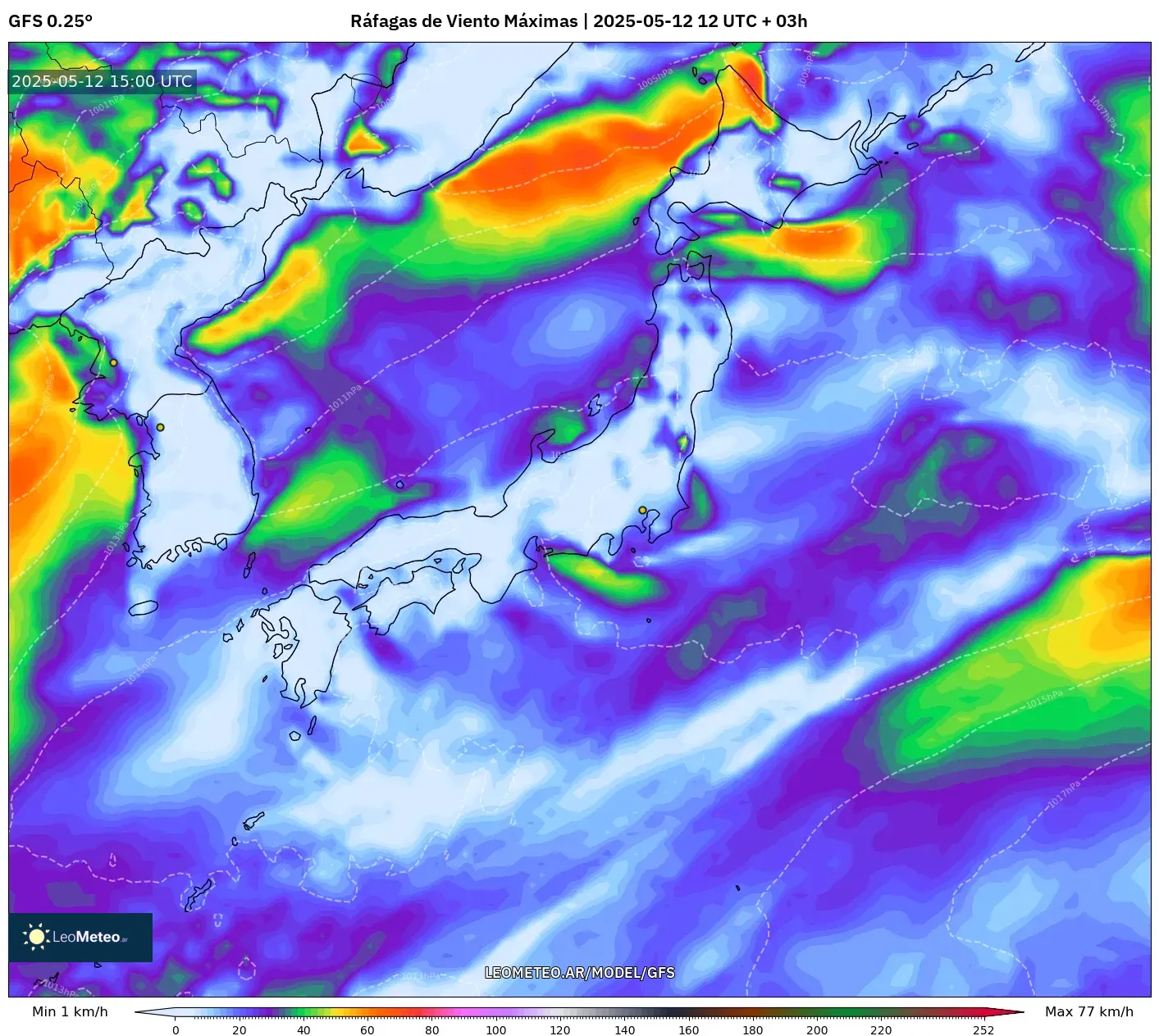 GFS - Japón, Ráfagas de Viento Máximas GFS - Japón, Ráfagas de Viento Máximas