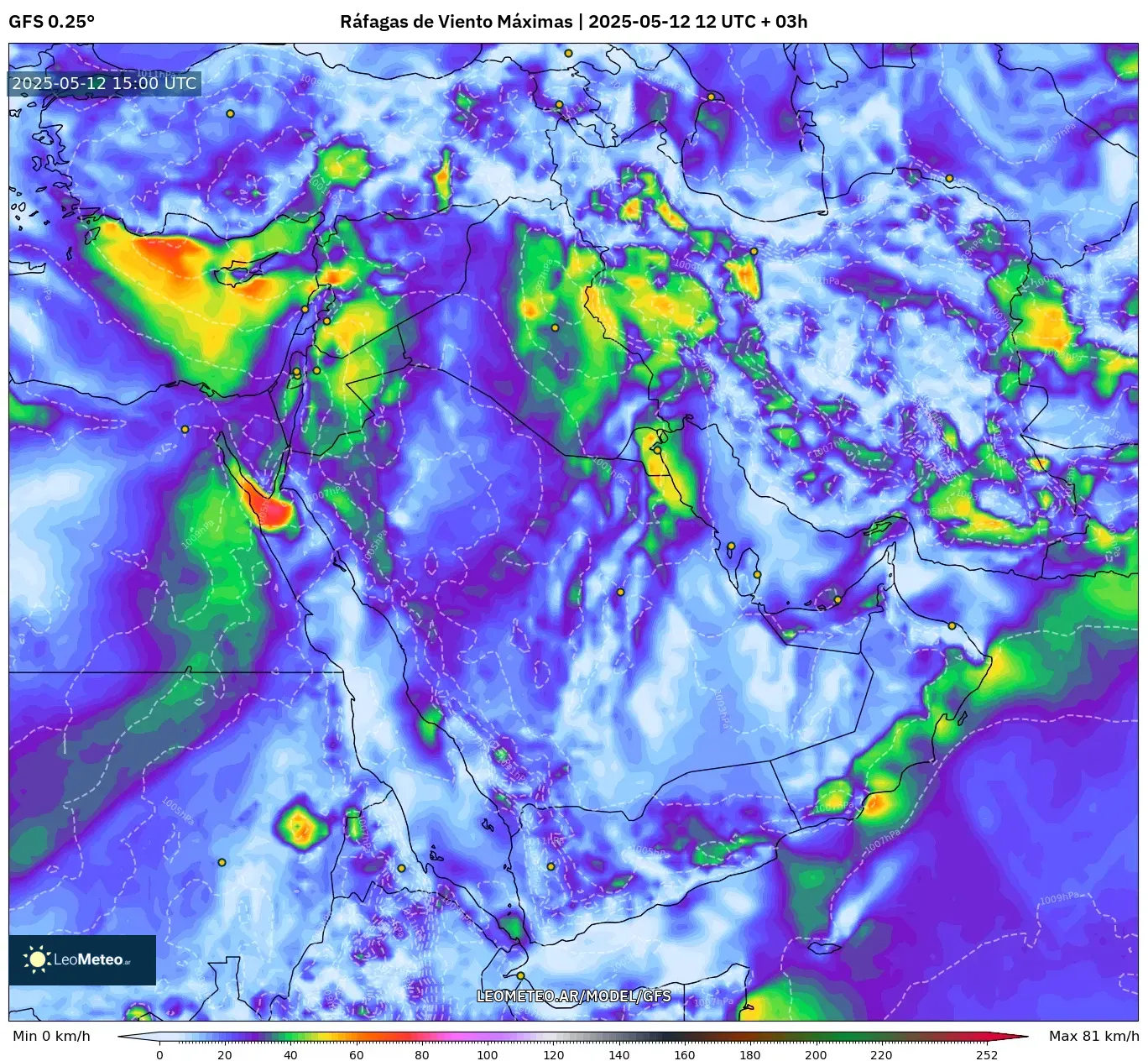 GFS - Oriente Medio, Ráfagas de Viento Máximas GFS - Oriente Medio, Ráfagas de Viento Máximas