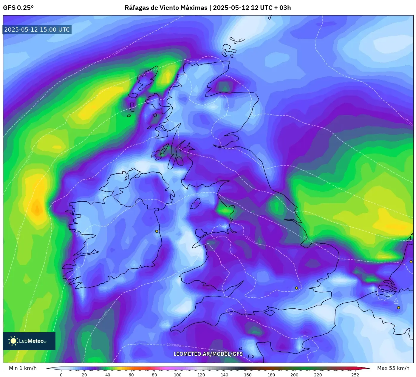 GFS - Reino Unido, Ráfagas de Viento Máximas GFS - Reino Unido, Ráfagas de Viento Máximas
