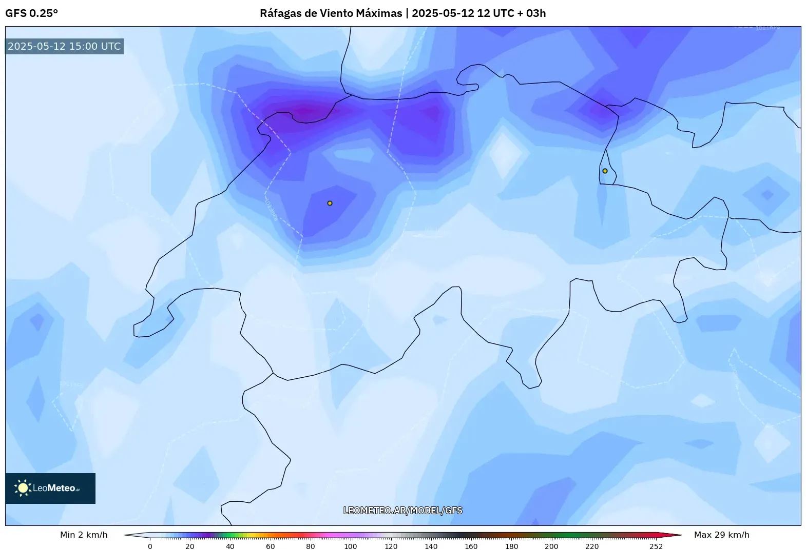 GFS - Suiza, Ráfagas de Viento Máximas GFS - Suiza, Ráfagas de Viento Máximas