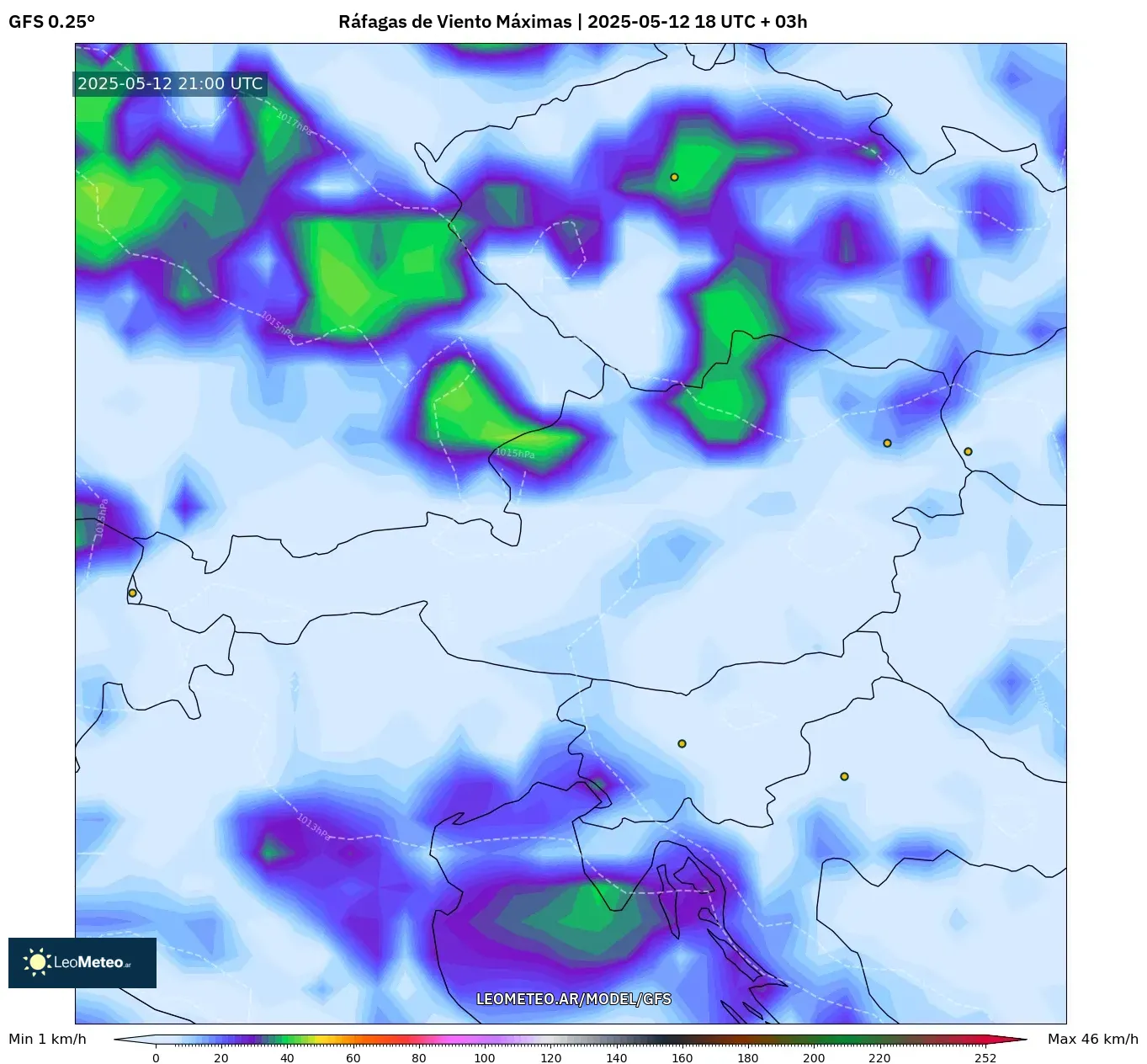 GFS model - Austria, Ráfagas de Viento Máximas GFS model - Austria, Ráfagas de Viento Máximas