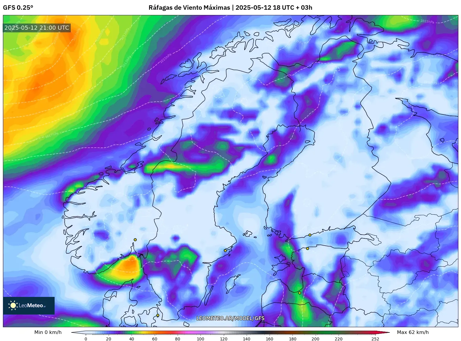 GFS - Escandinavia, Ráfagas de Viento Máximas GFS - Escandinavia, Ráfagas de Viento Máximas