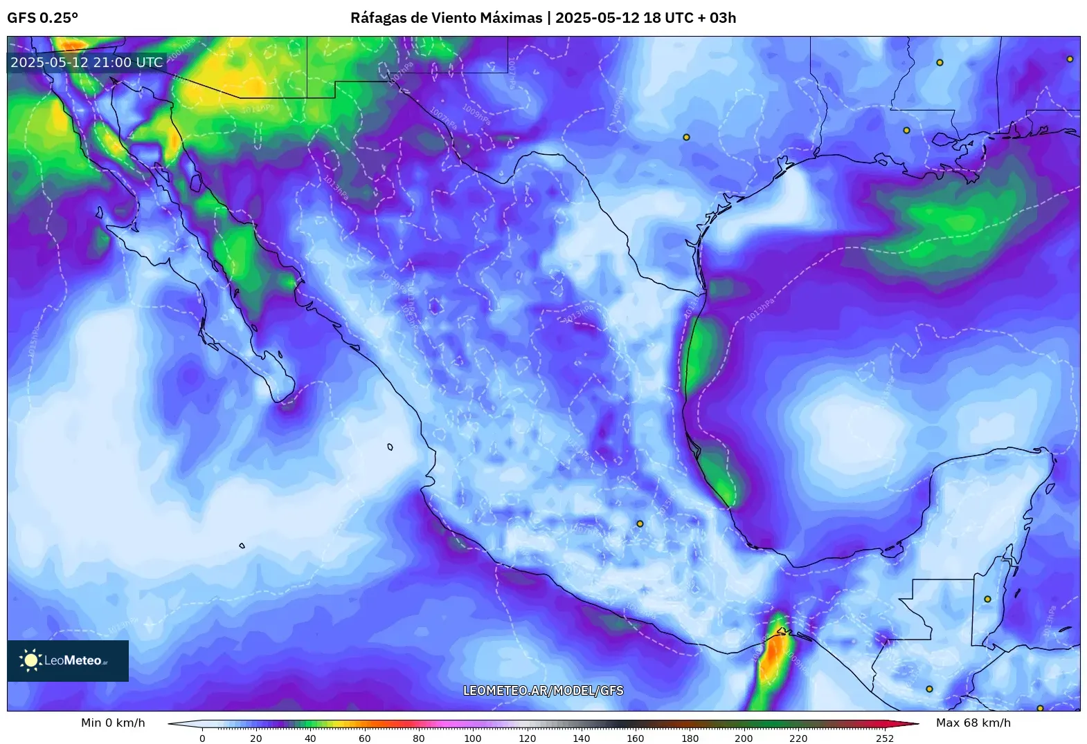 GFS - México, Ráfagas de Viento Máximas GFS - México, Ráfagas de Viento Máximas