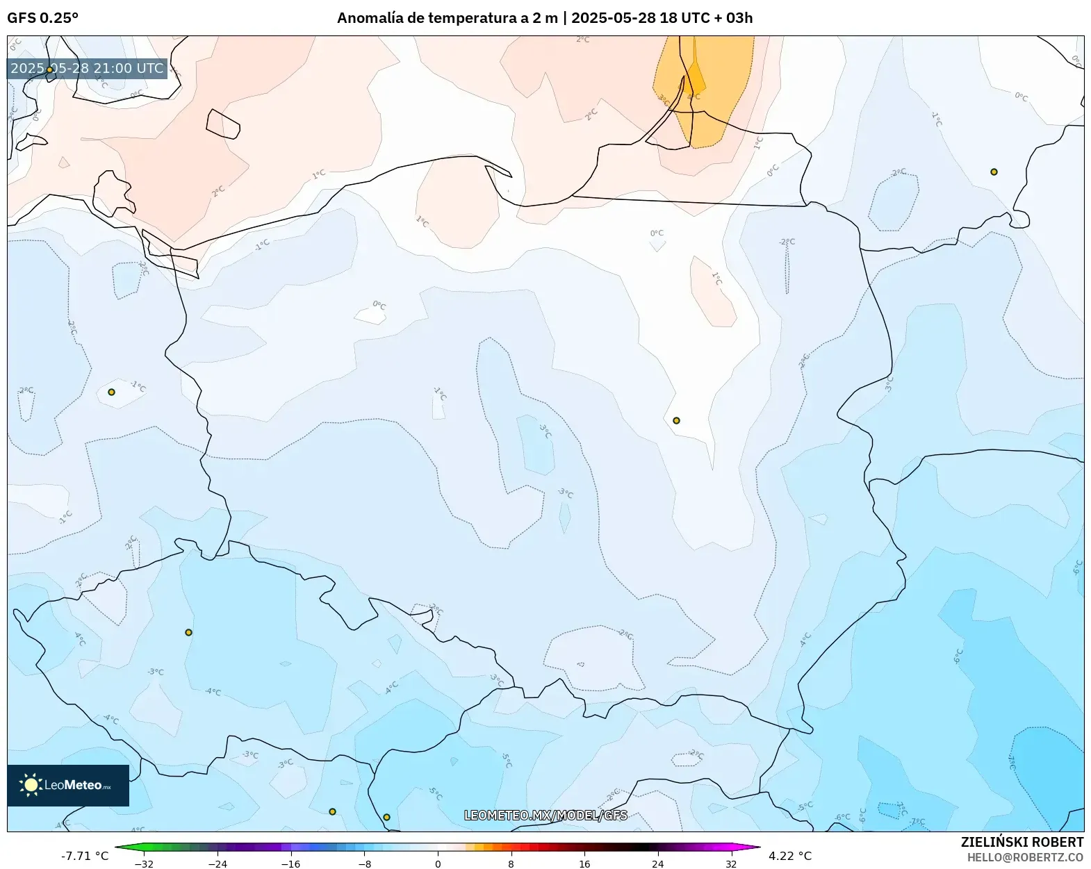 GFS model - Polonia, Anomalía de temperatura a 2 m GFS model - Polonia, Anomalía de temperatura a 2 m