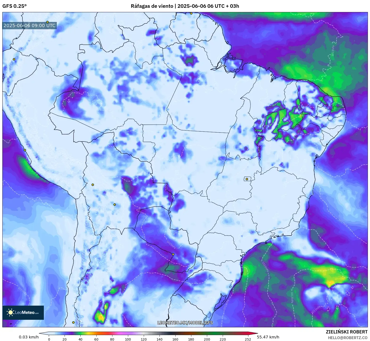 GFS model - Brasil, Ráfagas de viento GFS model - Brasil, Ráfagas de viento