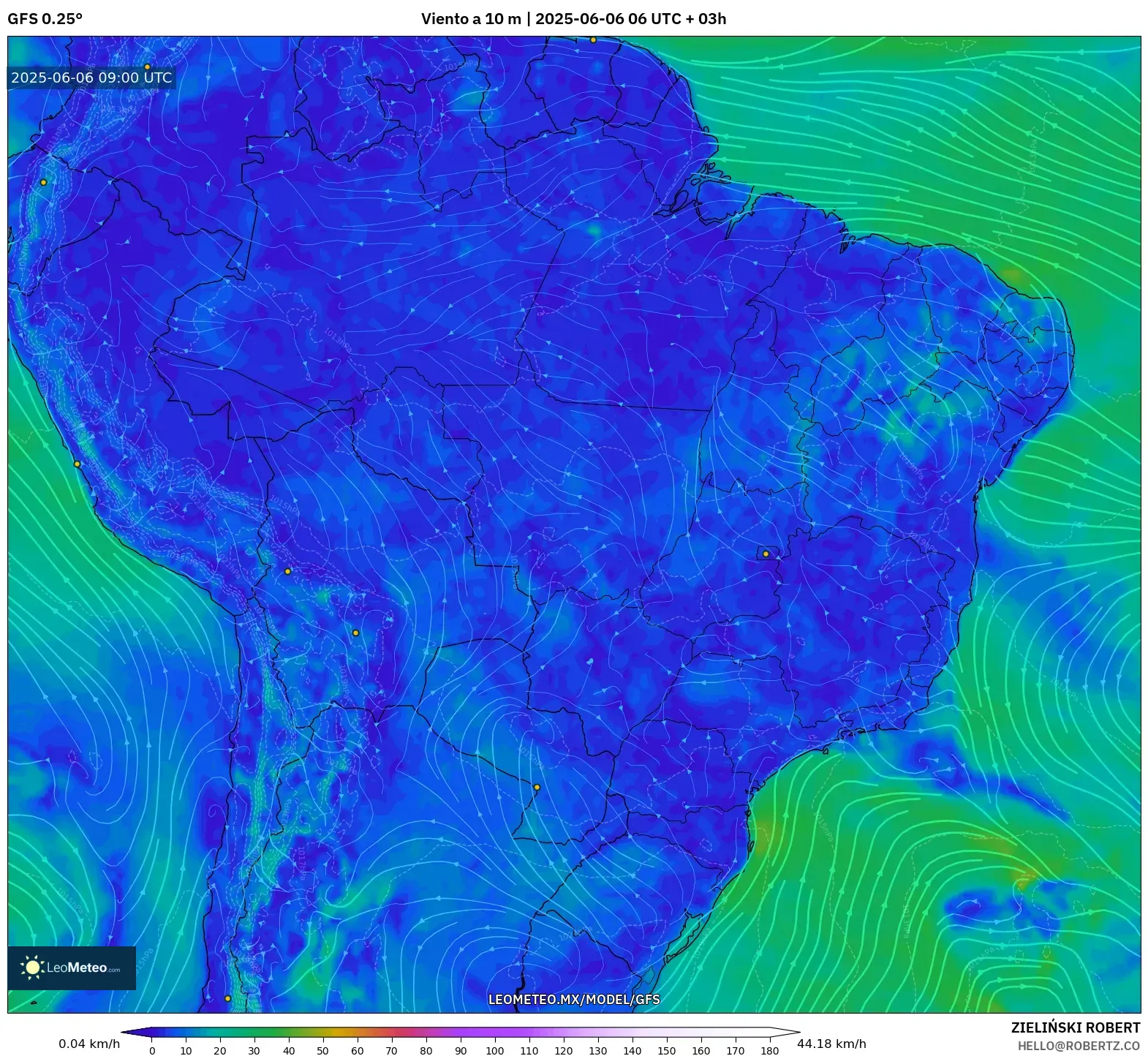 GFS model - Brasil, Viento a 10 m GFS model - Brasil, Viento a 10 m
