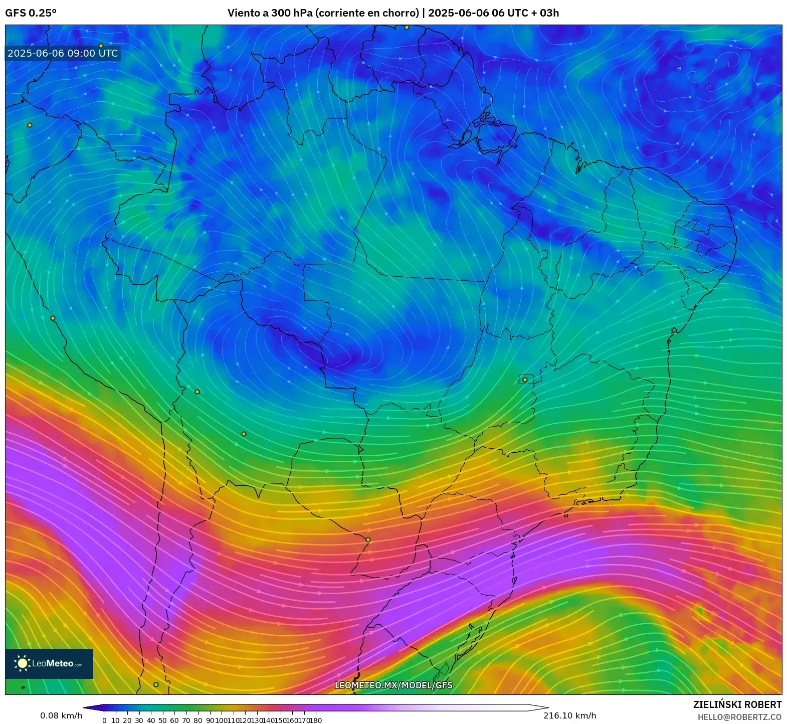 GFS model - Brasil, Viento a 300 hPa (corriente en chorro) GFS model - Brasil, Viento a 300 hPa (corriente en chorro)