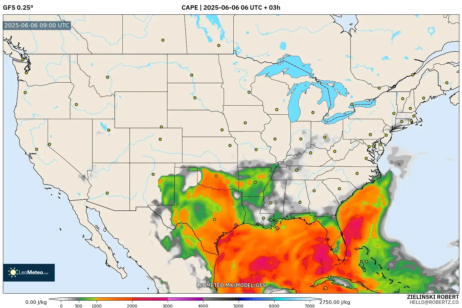 GFS model - Estados Unidos, CAPE GFS model - Estados Unidos, CAPE