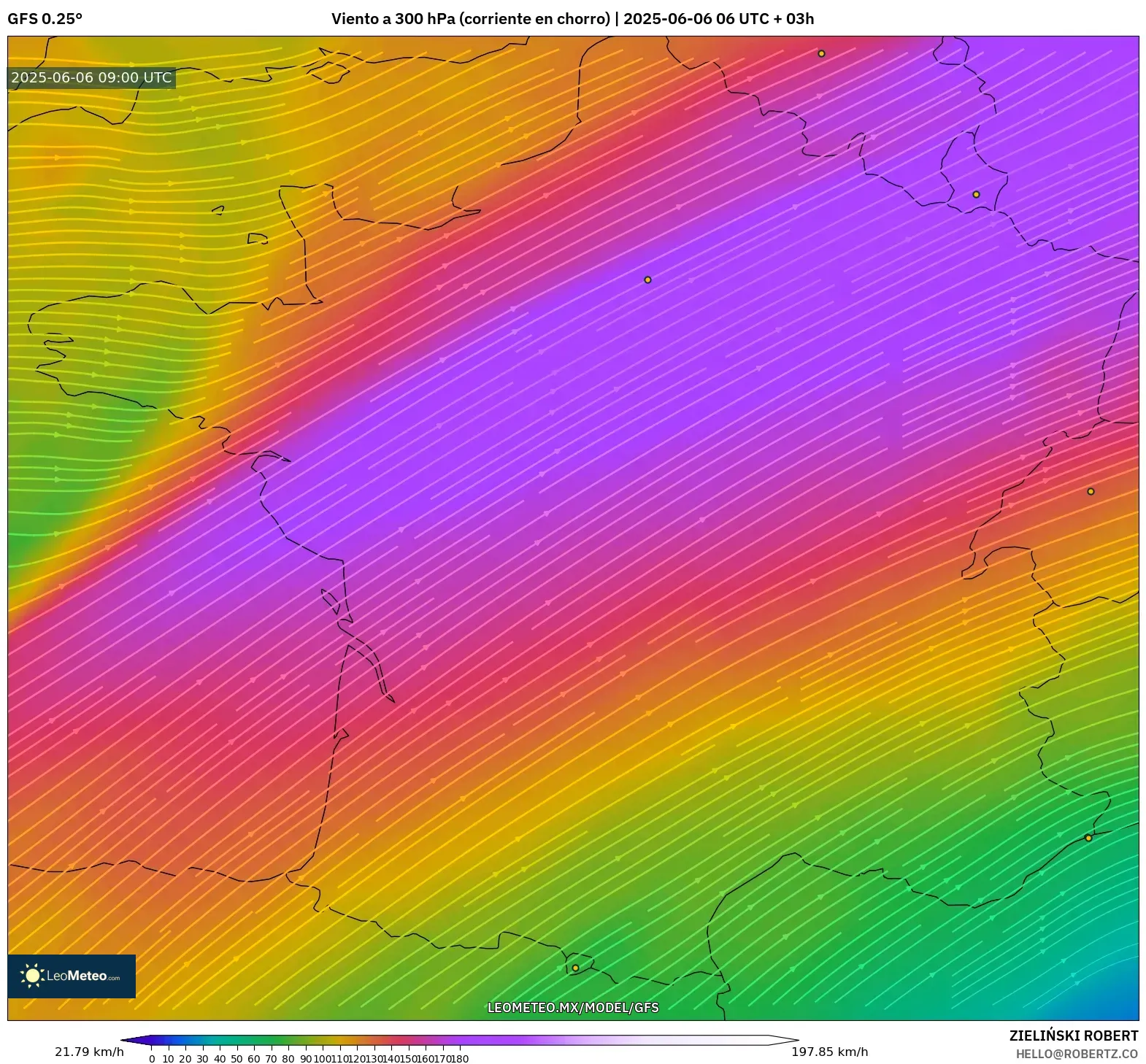 GFS model - Francia, Viento a 300 hPa (corriente en chorro) GFS model - Francia, Viento a 300 hPa (corriente en chorro)