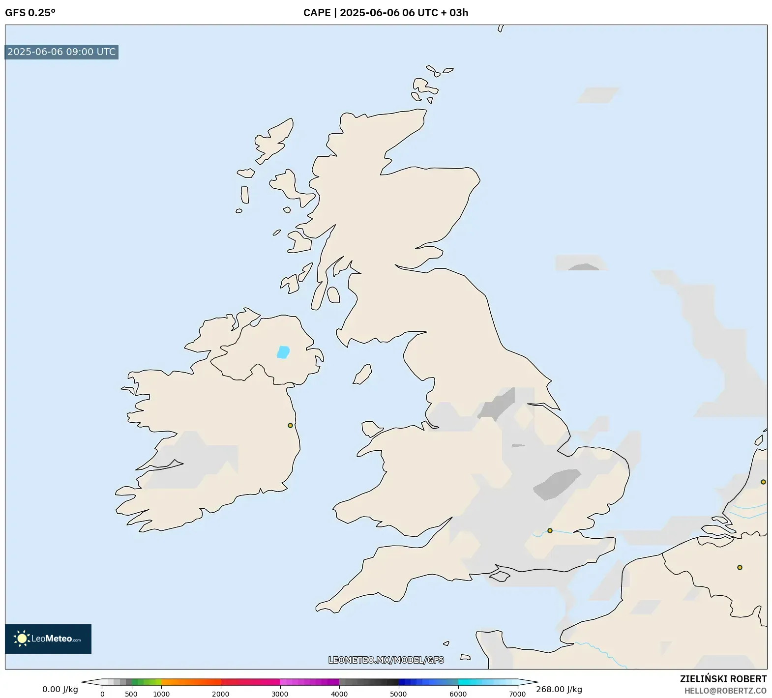 GFS model - Reino Unido, CAPE GFS model - Reino Unido, CAPE