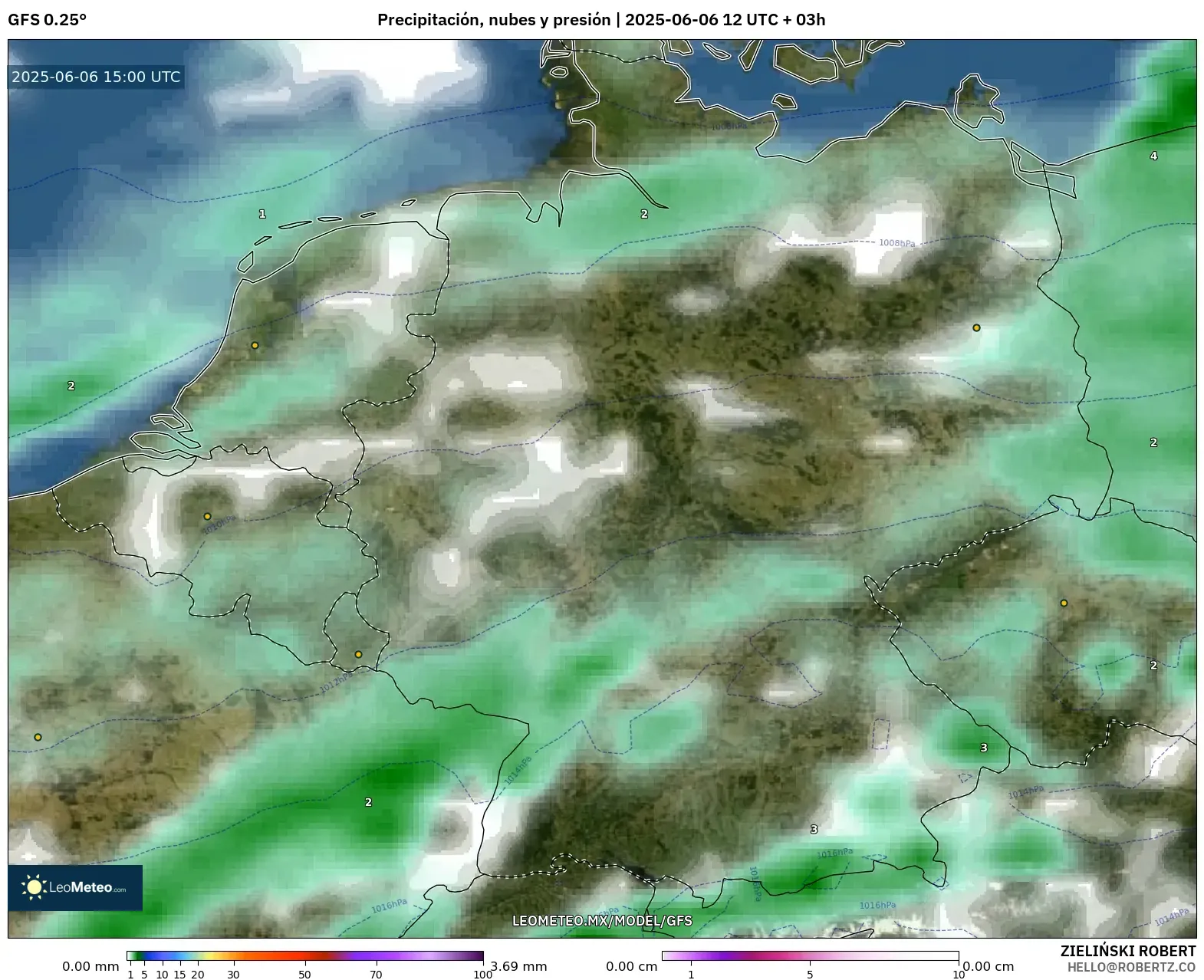 GFS model - Alemania, Precipitación, nubes y presión GFS model - Alemania, Precipitación, nubes y presión