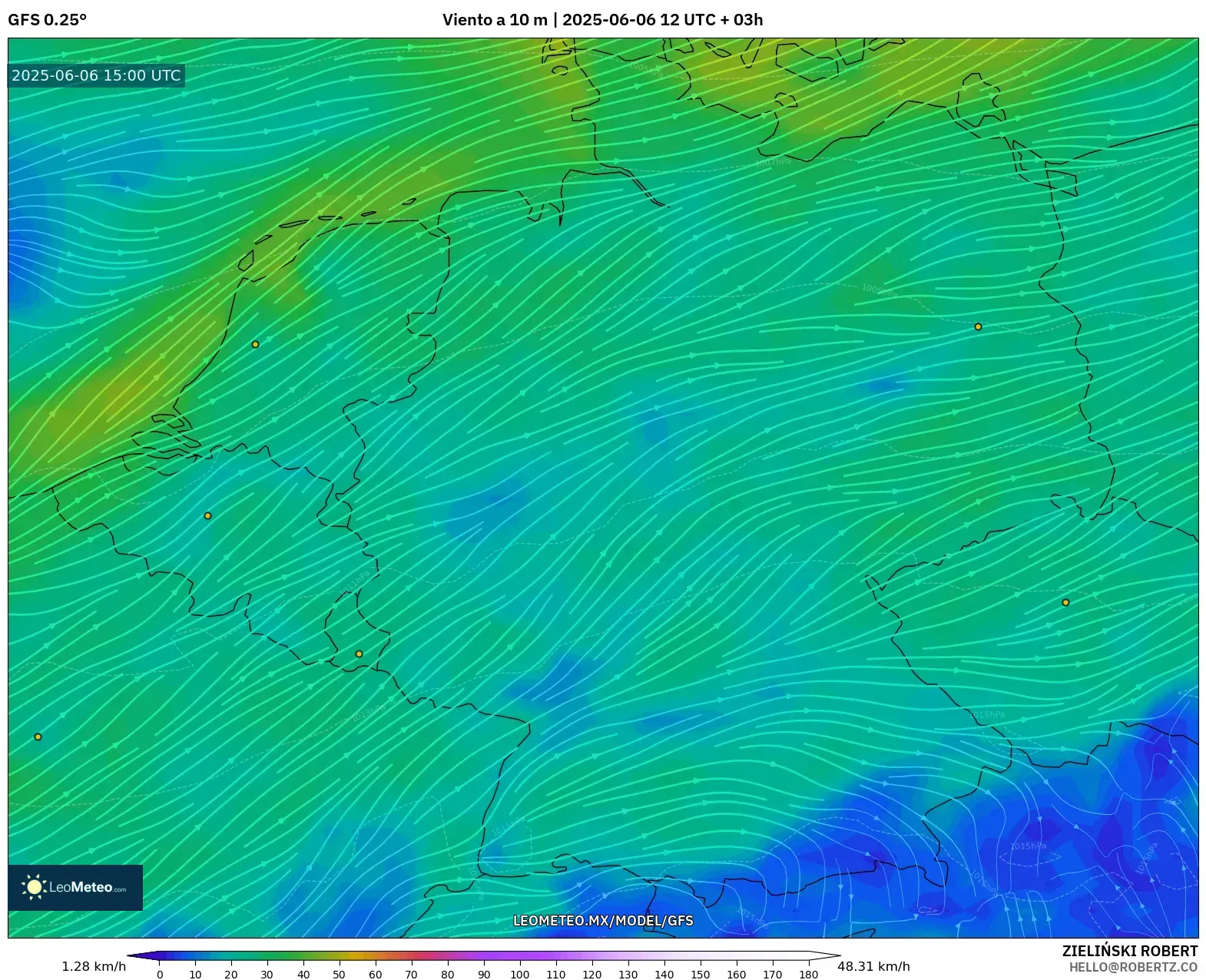 GFS model - Alemania, Viento a 10 m GFS model - Alemania, Viento a 10 m