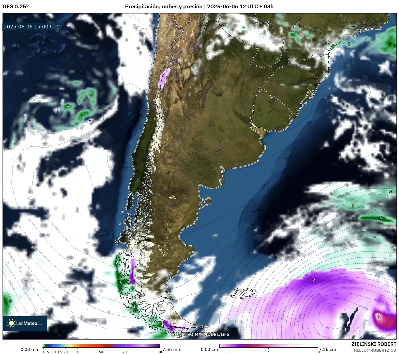 GFS model - Argentina, Precipitación, nubes y presión GFS model - Argentina, Precipitación, nubes y presión