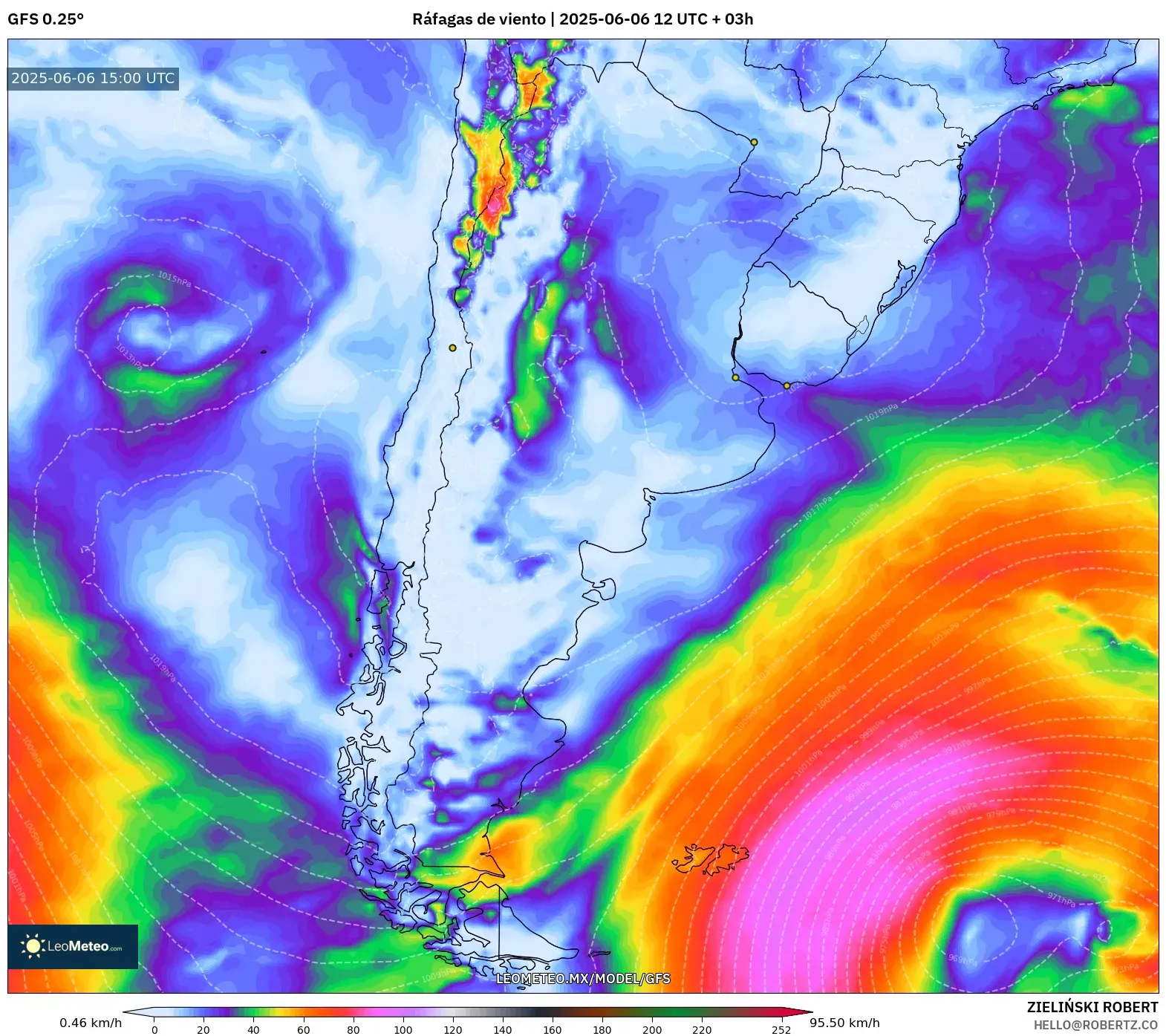GFS model - Argentina, Ráfagas de viento GFS model - Argentina, Ráfagas de viento
