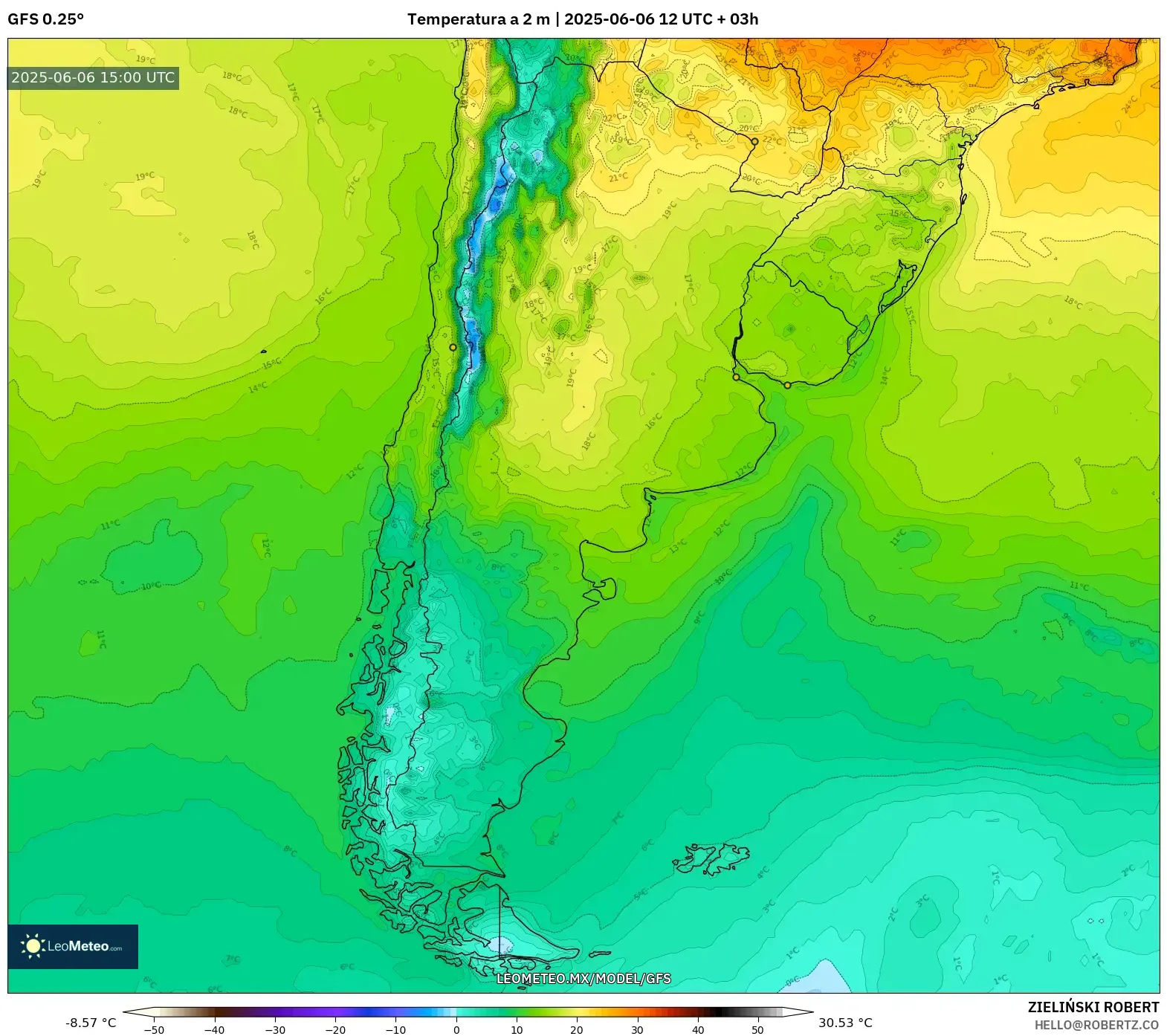 GFS model - Argentina, Temperatura a 2 m GFS model - Argentina, Temperatura a 2 m