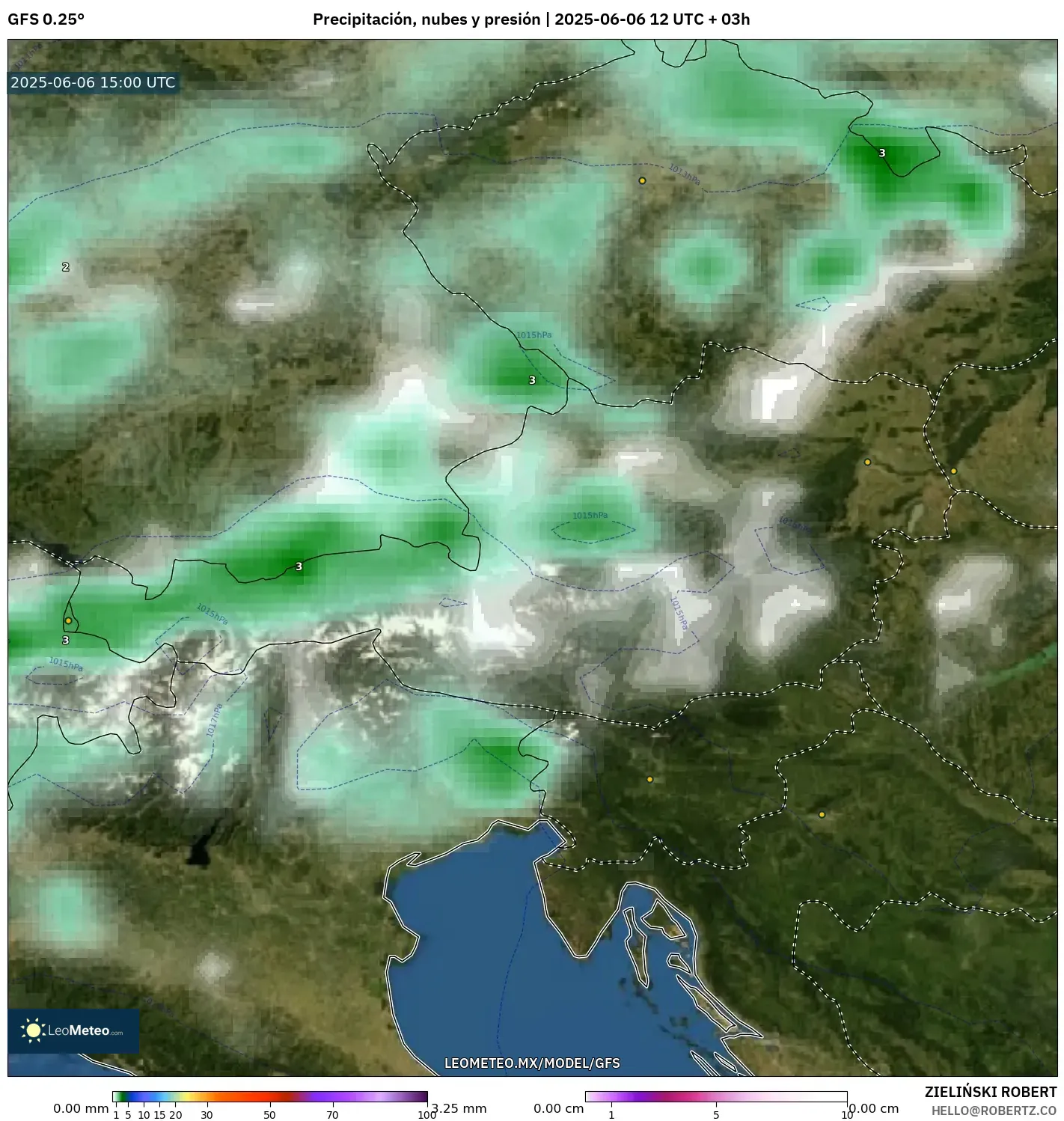 GFS model - Austria, Precipitación, nubes y presión GFS model - Austria, Precipitación, nubes y presión