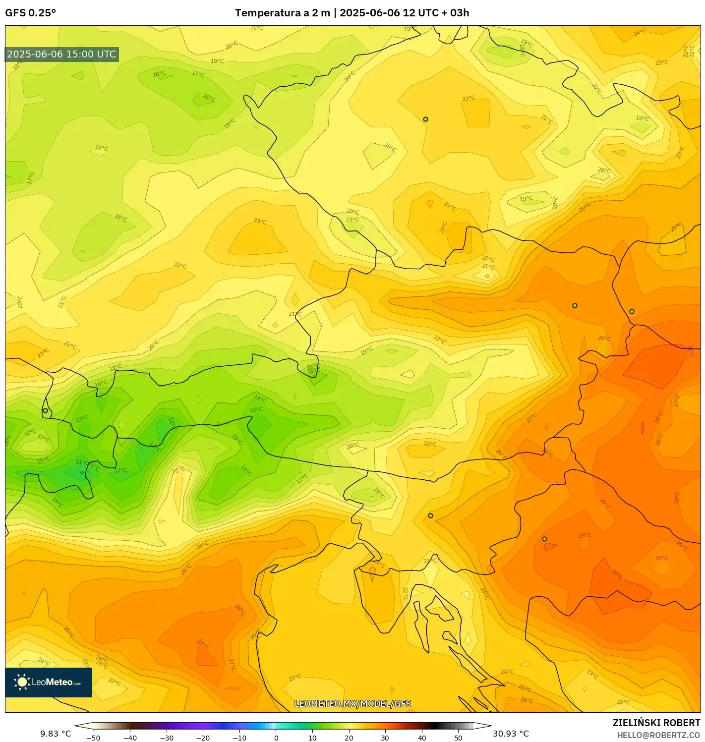 GFS model - Austria, Temperatura a 2 m GFS model - Austria, Temperatura a 2 m
