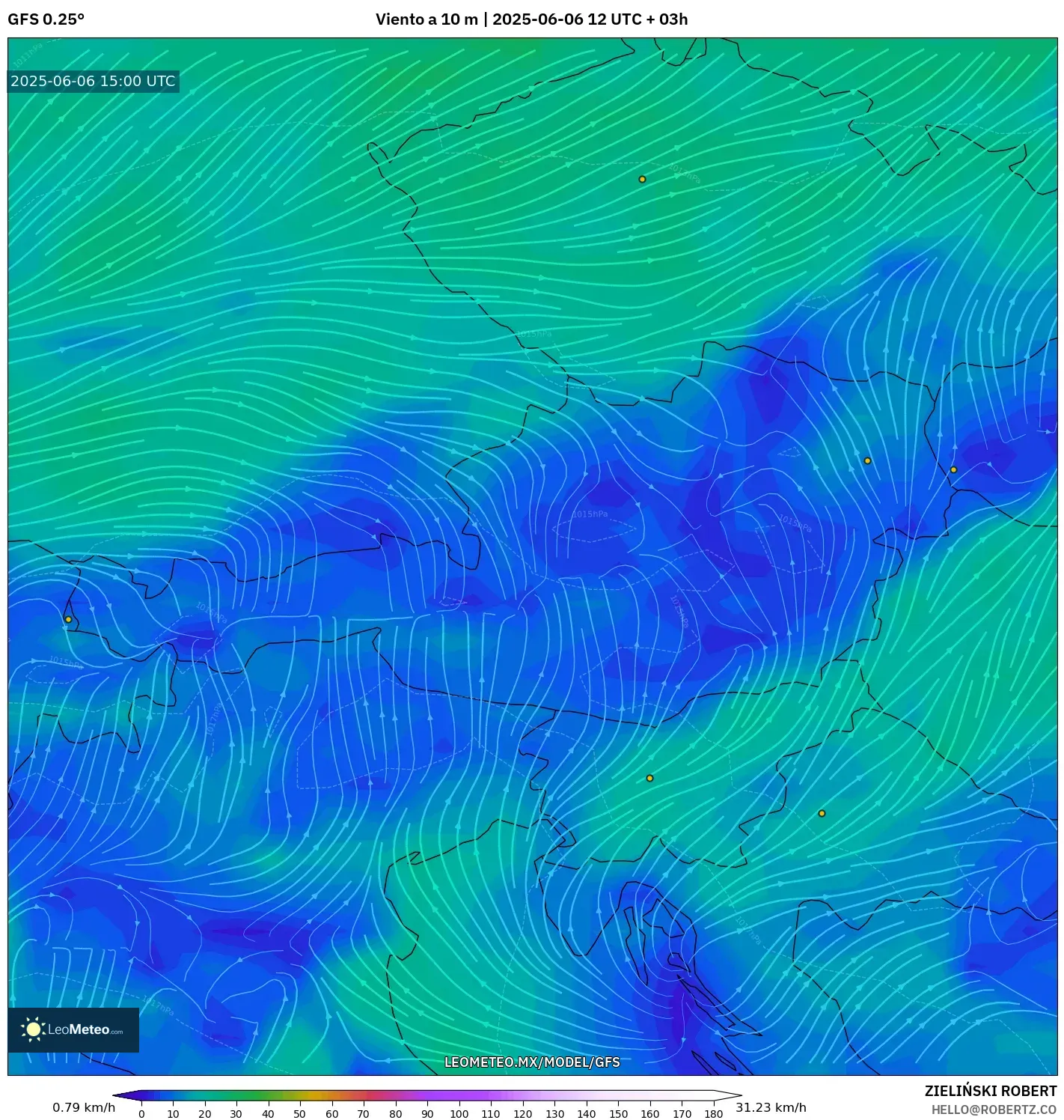 GFS model - Austria, Viento a 10 m GFS model - Austria, Viento a 10 m