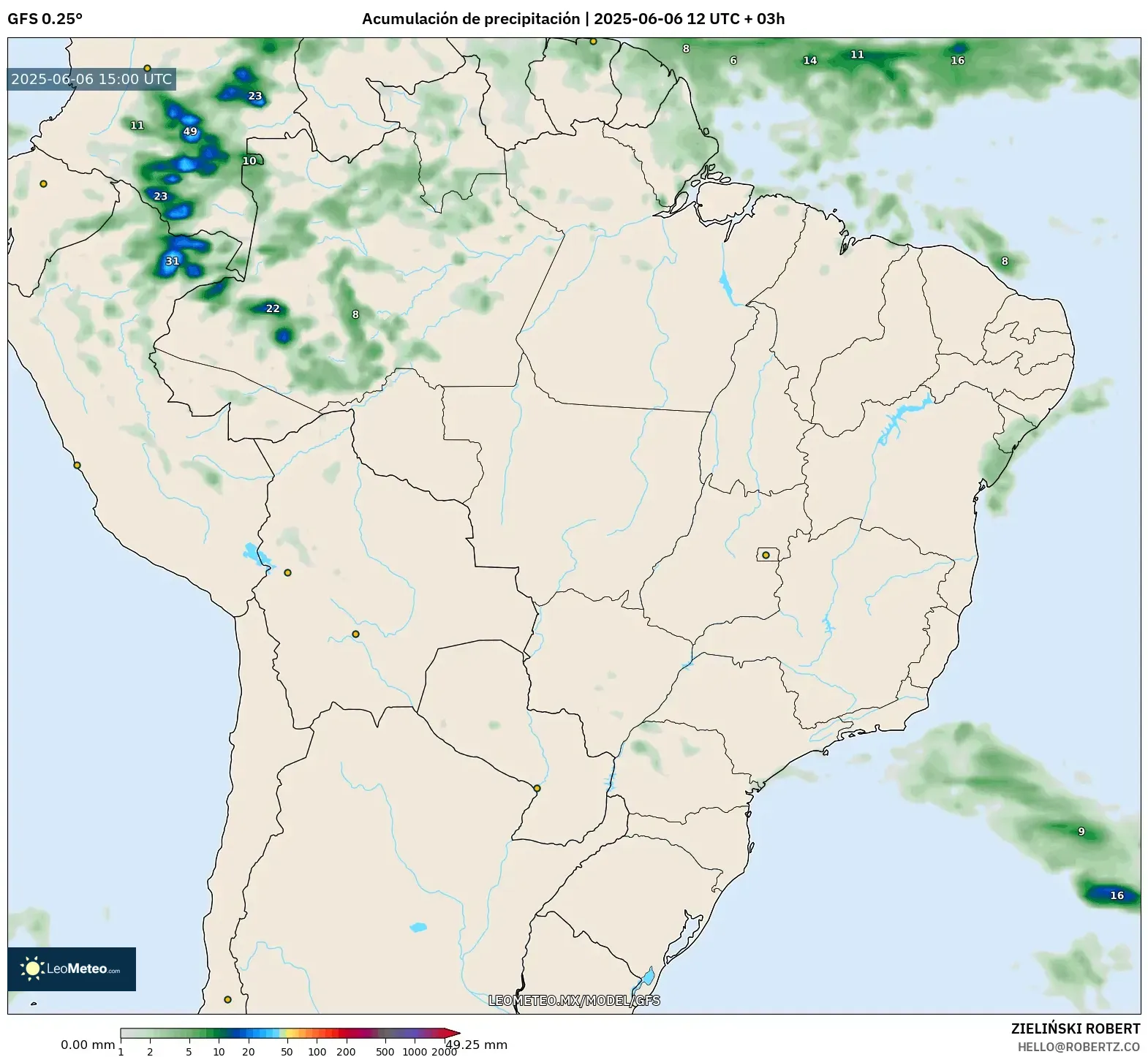 GFS model - Brasil, Acumulación de precipitación GFS model - Brasil, Acumulación de precipitación