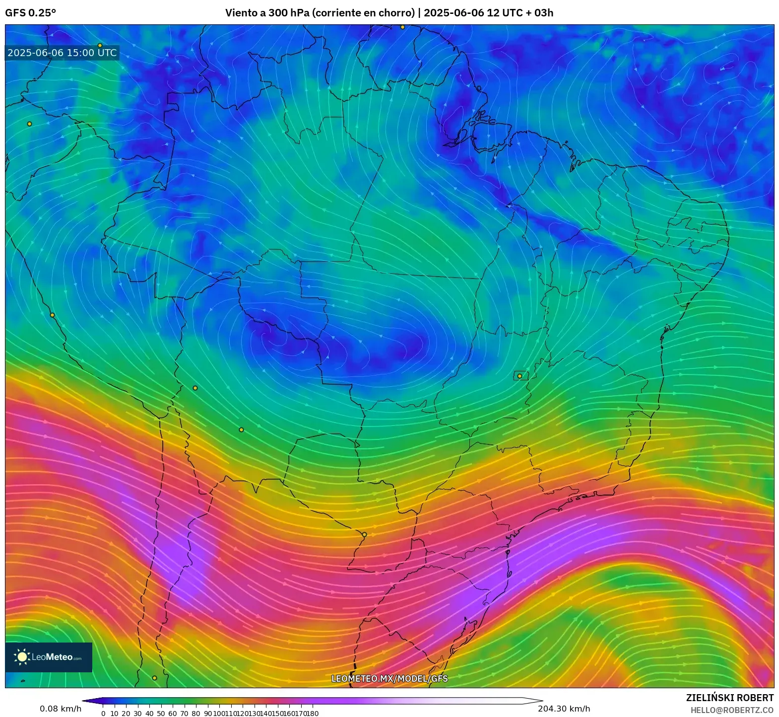 GFS model - Brasil, Viento a 300 hPa (corriente en chorro) GFS model - Brasil, Viento a 300 hPa (corriente en chorro)
