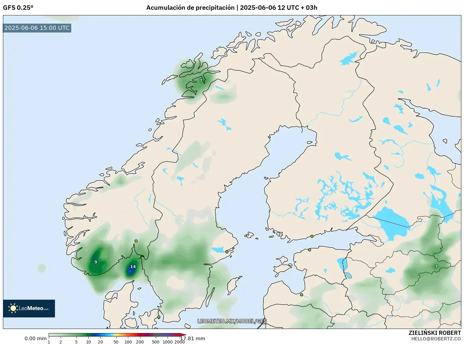 GFS model - Escandinavia, Acumulación de precipitación GFS model - Escandinavia, Acumulación de precipitación