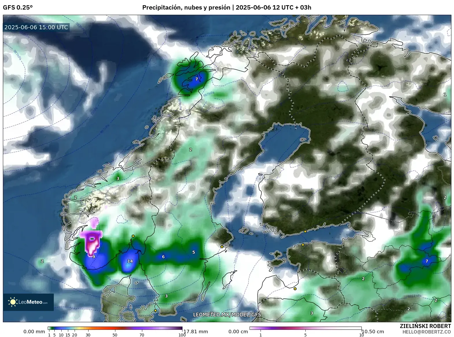 GFS model - Escandinavia, Precipitación, nubes y presión GFS model - Escandinavia, Precipitación, nubes y presión