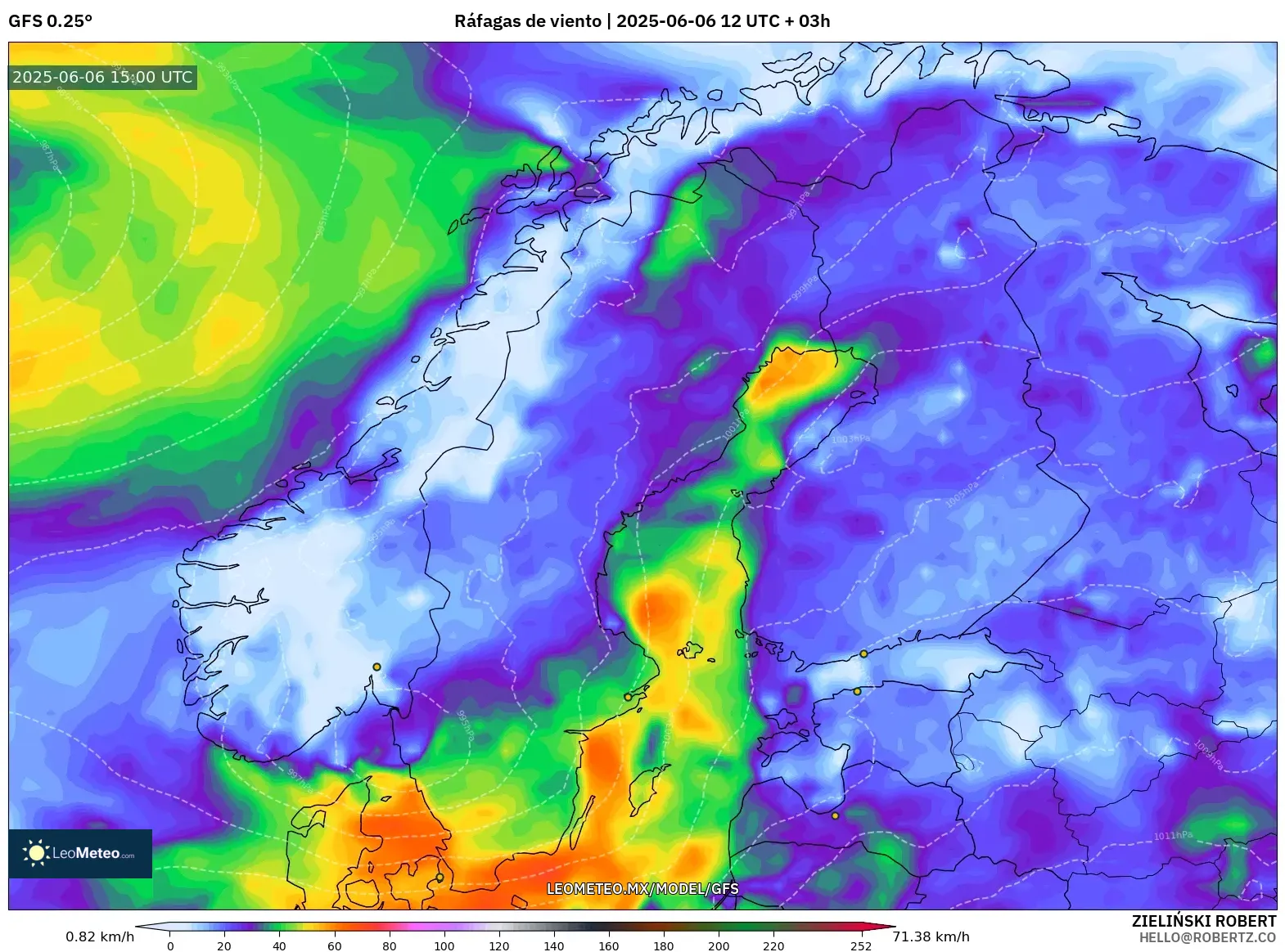 GFS model - Escandinavia, Ráfagas de viento GFS model - Escandinavia, Ráfagas de viento