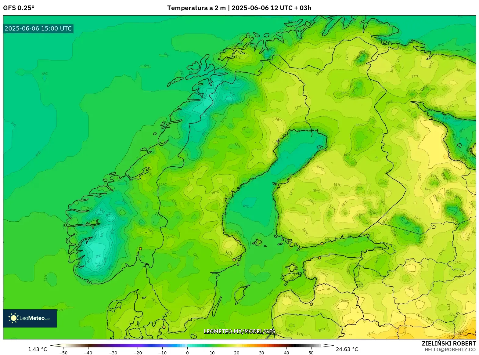 GFS model - Escandinavia, Temperatura a 2 m GFS model - Escandinavia, Temperatura a 2 m