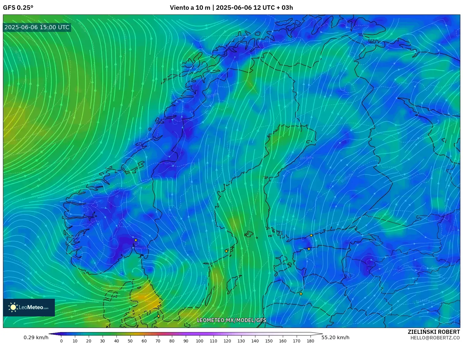 GFS model - Escandinavia, Viento a 10 m GFS model - Escandinavia, Viento a 10 m