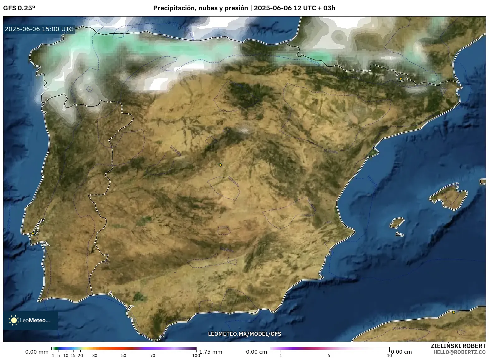 GFS model - España, Precipitación, nubes y presión GFS model - España, Precipitación, nubes y presión