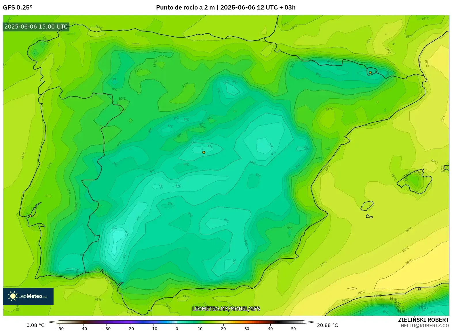GFS model - España, Punto de rocío a 2 m GFS model - España, Punto de rocío a 2 m