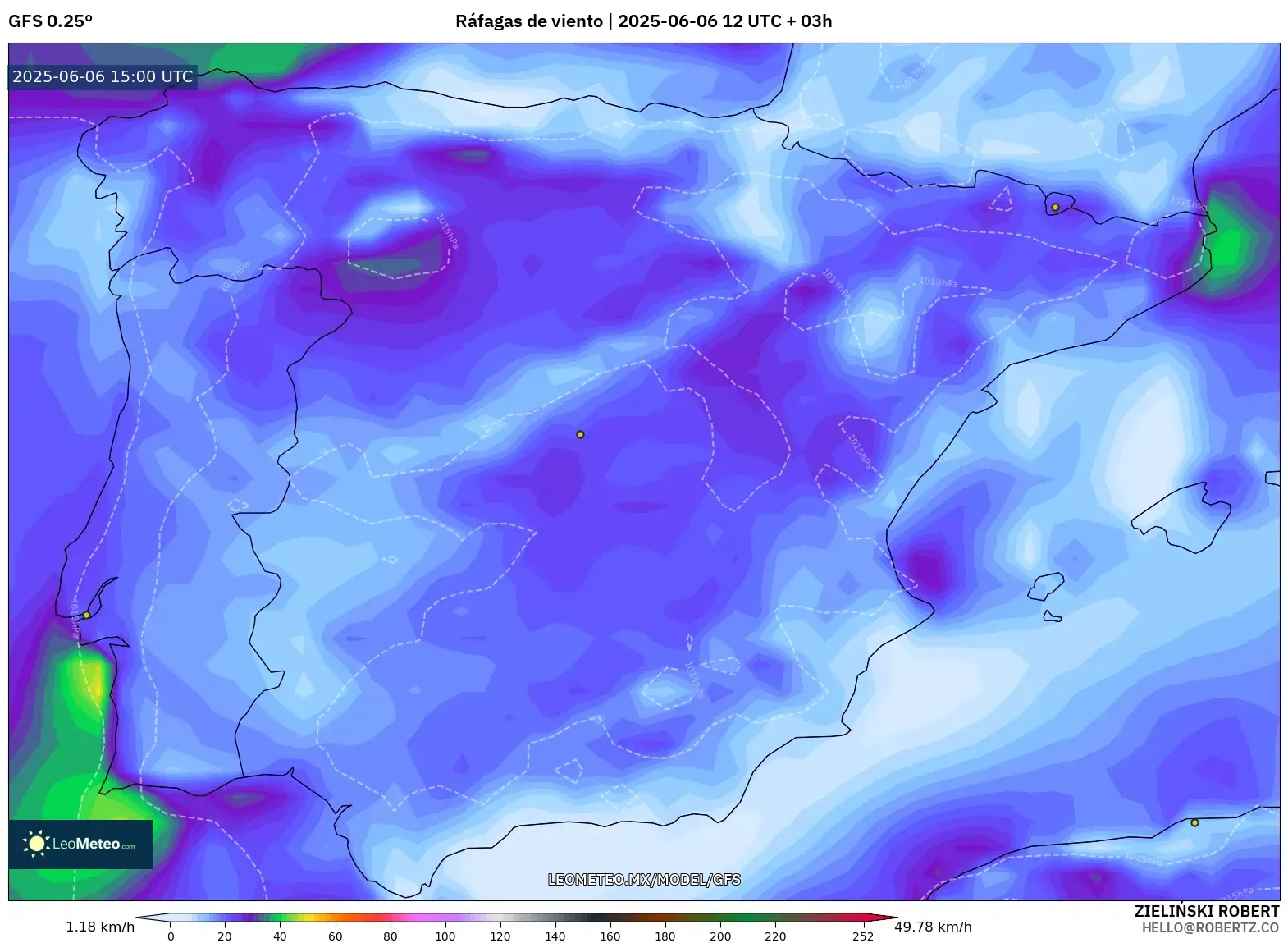GFS model - España, Ráfagas de viento GFS model - España, Ráfagas de viento