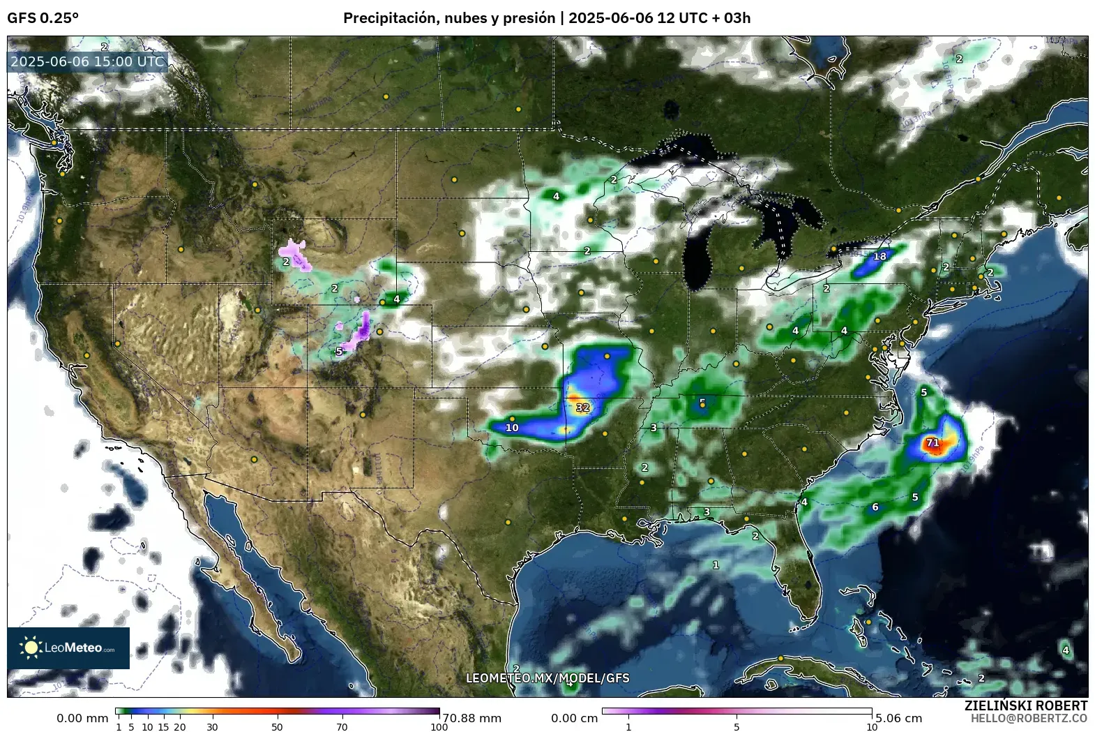 GFS model - Estados Unidos, Precipitación, nubes y presión GFS model - Estados Unidos, Precipitación, nubes y presión