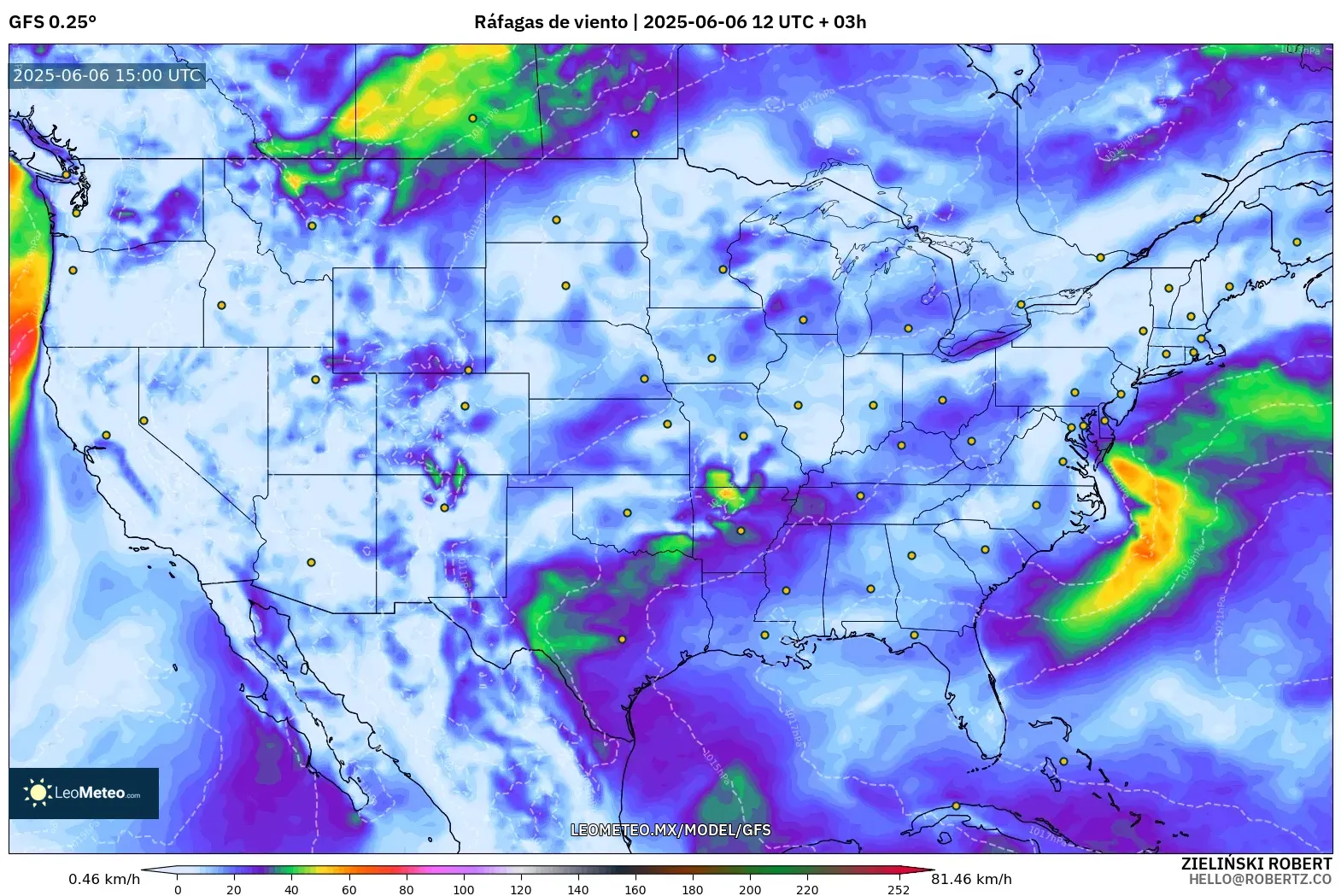 GFS model - Estados Unidos, Ráfagas de viento GFS model - Estados Unidos, Ráfagas de viento