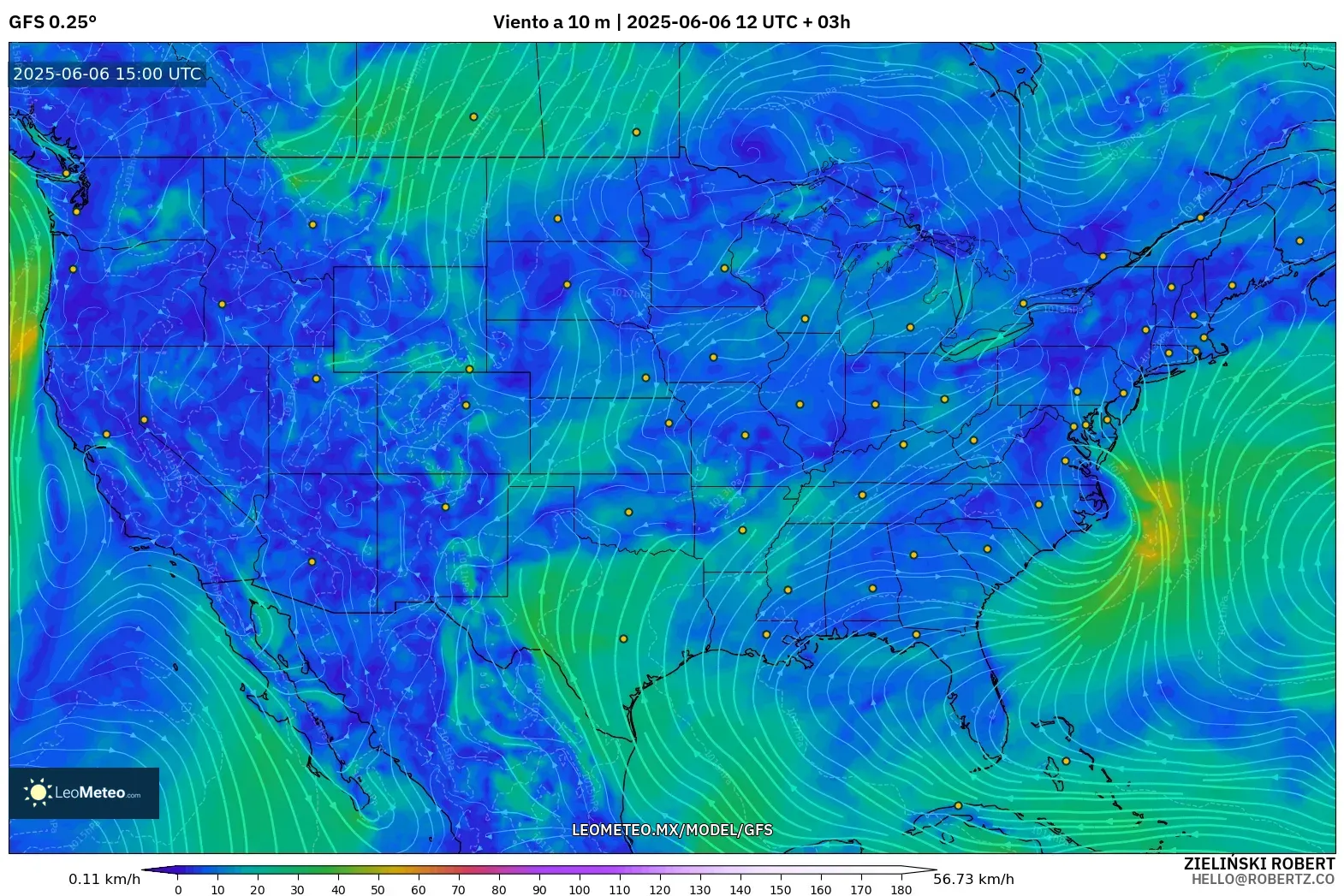 GFS model - Estados Unidos, Viento a 10 m GFS model - Estados Unidos, Viento a 10 m
