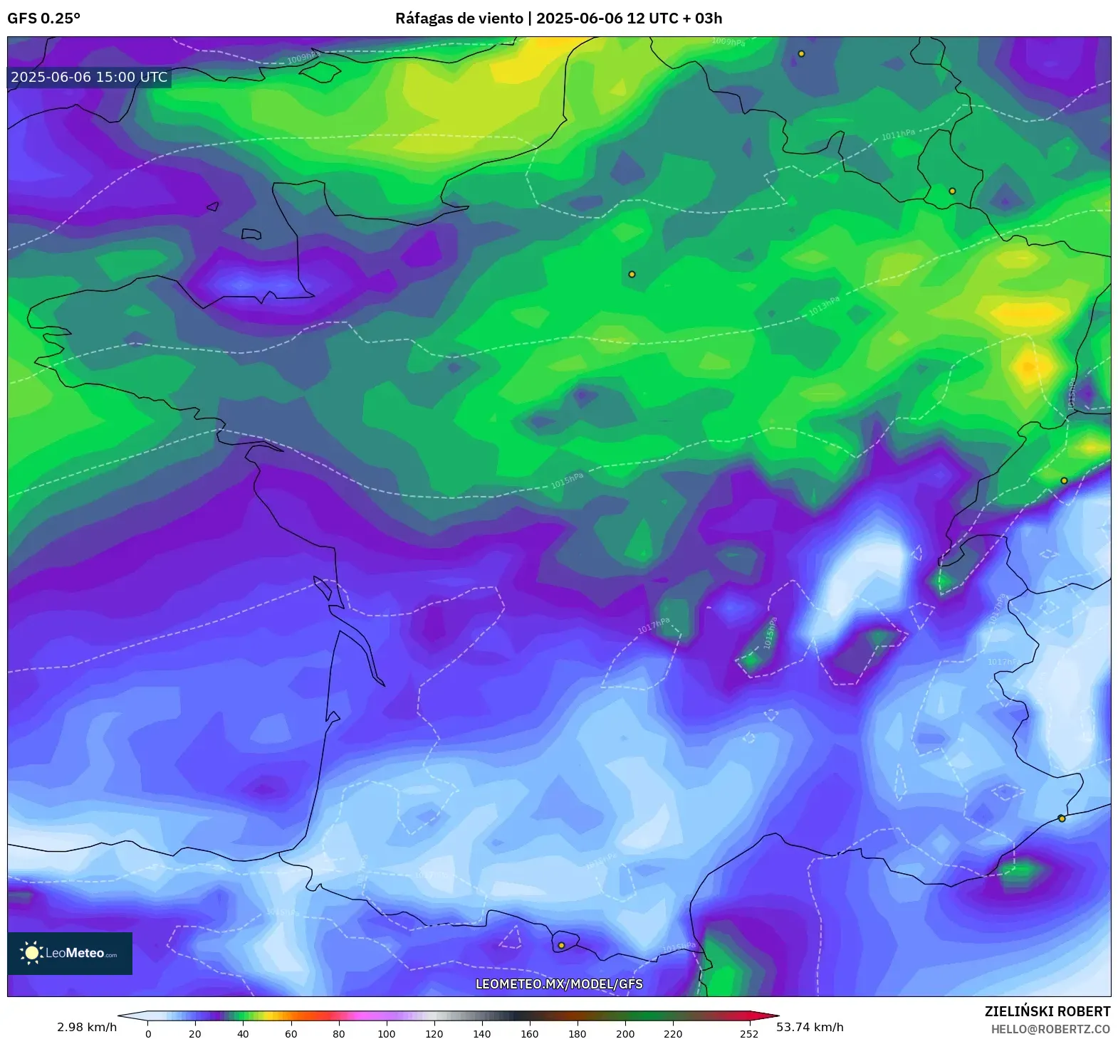GFS model - Francia, Ráfagas de viento GFS model - Francia, Ráfagas de viento