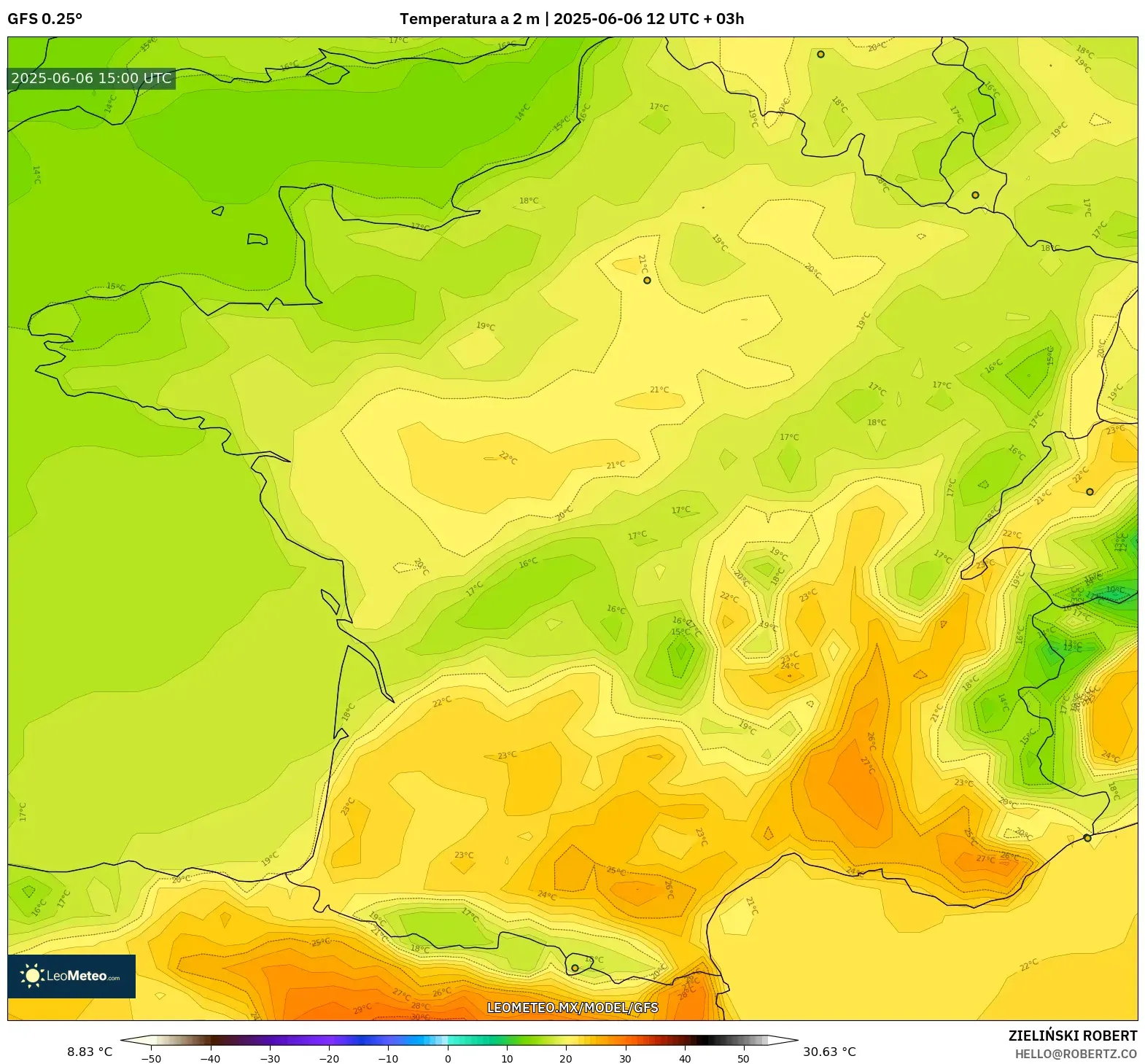 GFS model - Francia, Temperatura a 2 m GFS model - Francia, Temperatura a 2 m