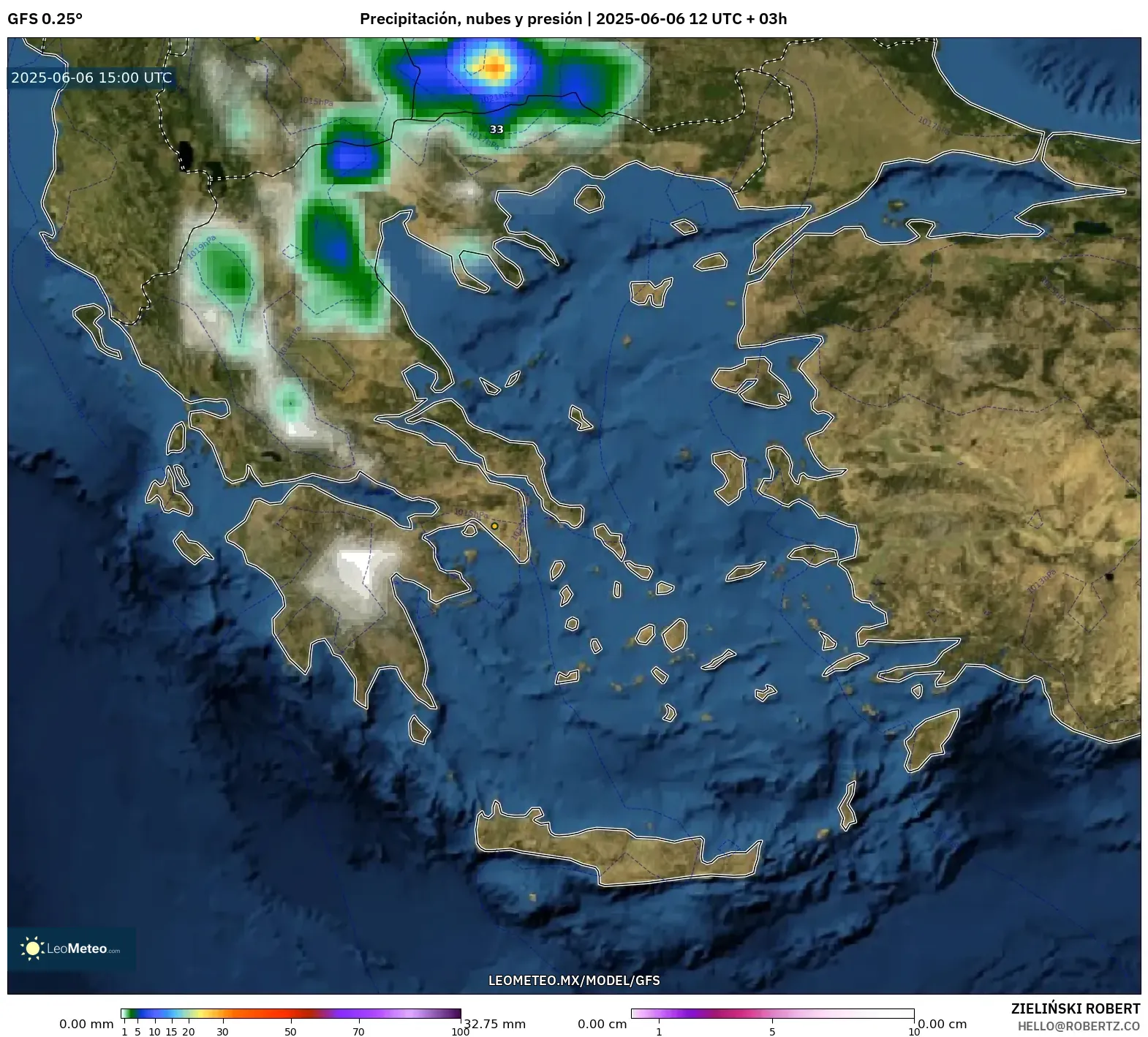 GFS model - Grecia, Precipitación, nubes y presión GFS model - Grecia, Precipitación, nubes y presión