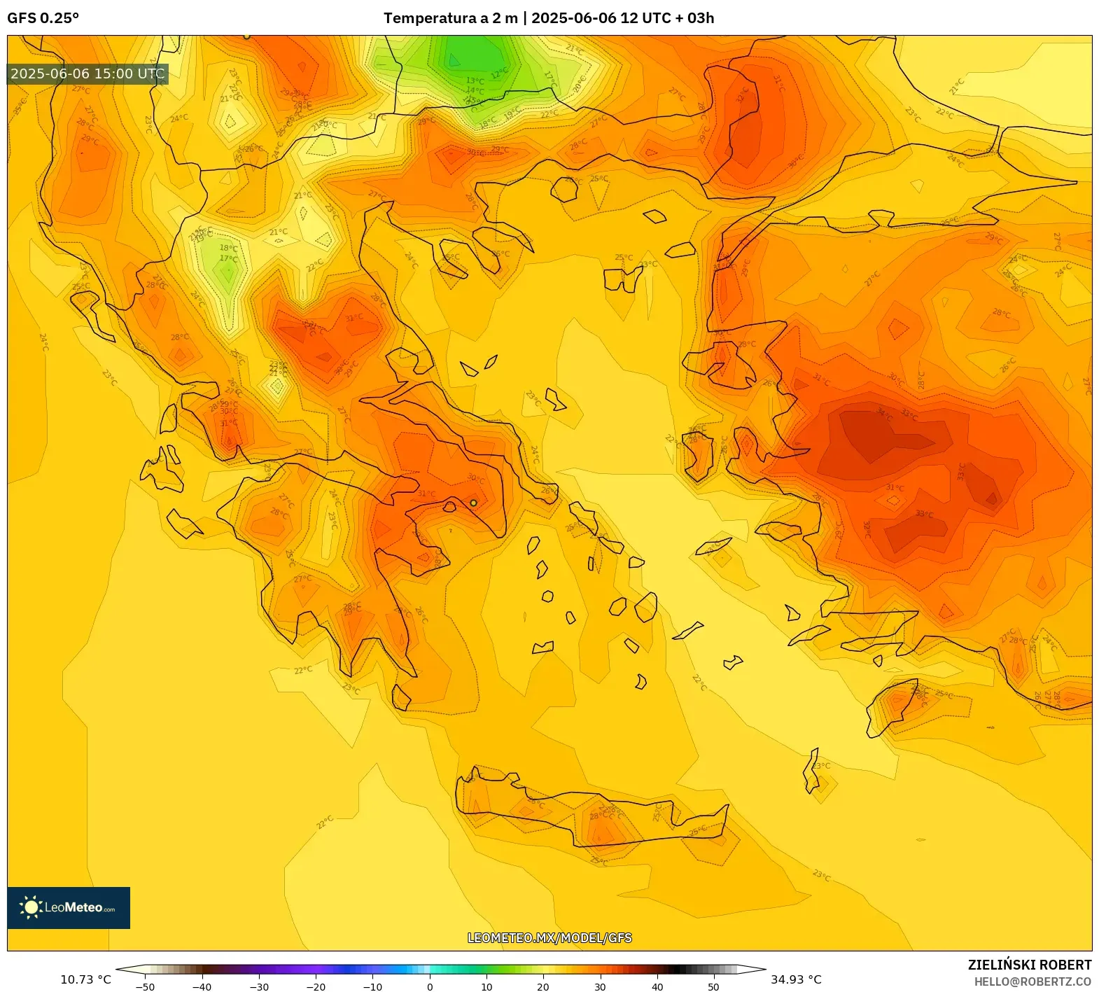 GFS model - Grecia, Temperatura a 2 m GFS model - Grecia, Temperatura a 2 m