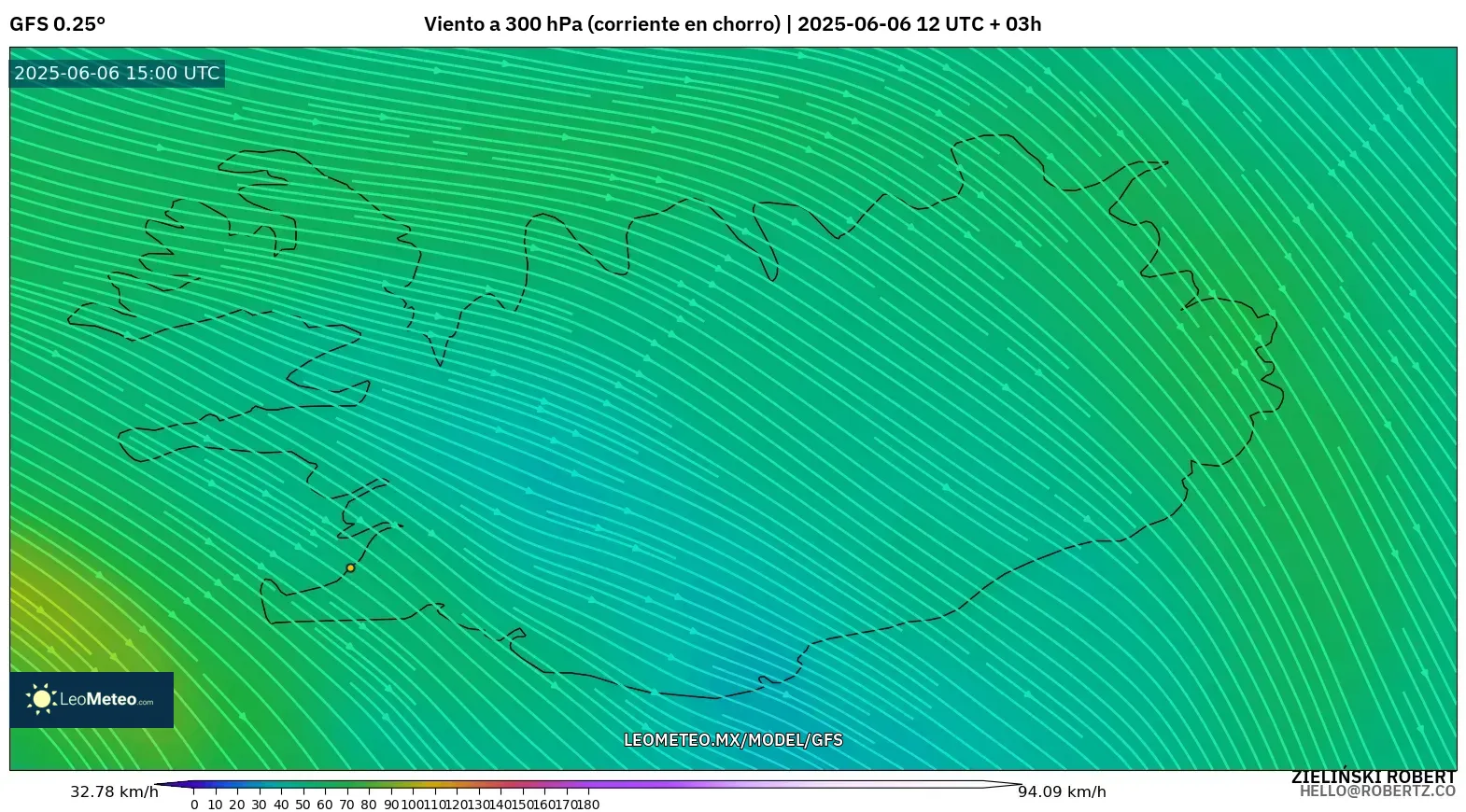 GFS model - Islandia, Viento a 300 hPa (corriente en chorro) GFS model - Islandia, Viento a 300 hPa (corriente en chorro)