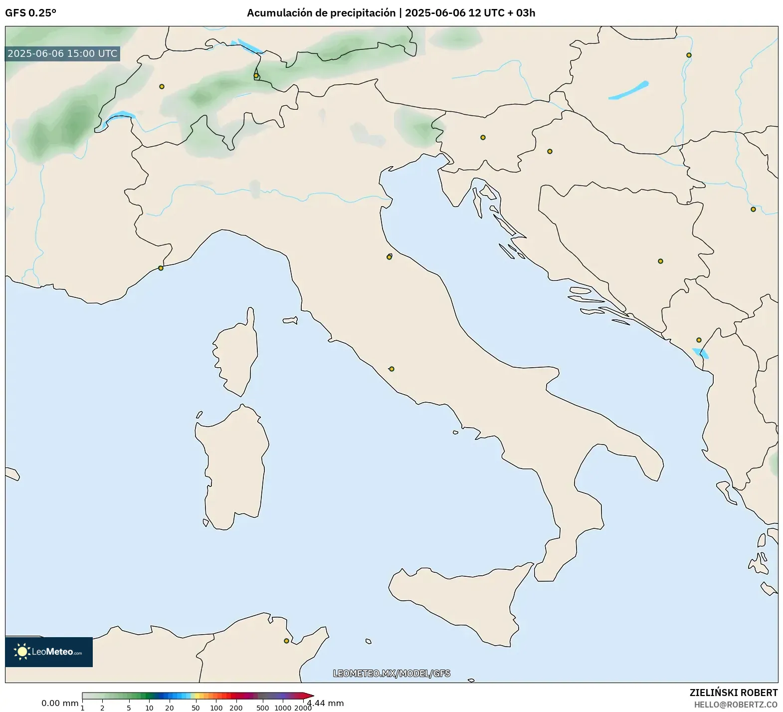 GFS model - Italia, Acumulación de precipitación GFS model - Italia, Acumulación de precipitación