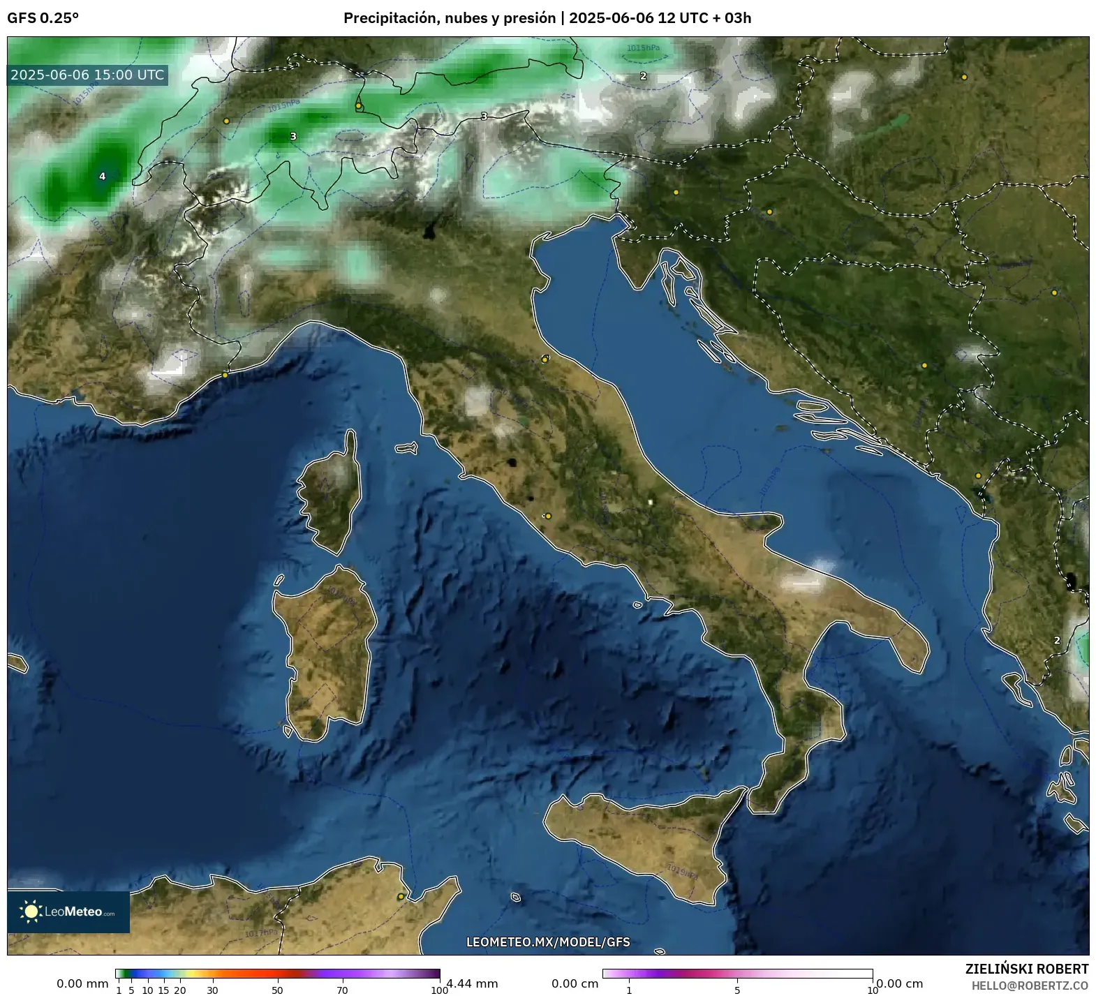 GFS model - Italia, Precipitación, nubes y presión GFS model - Italia, Precipitación, nubes y presión