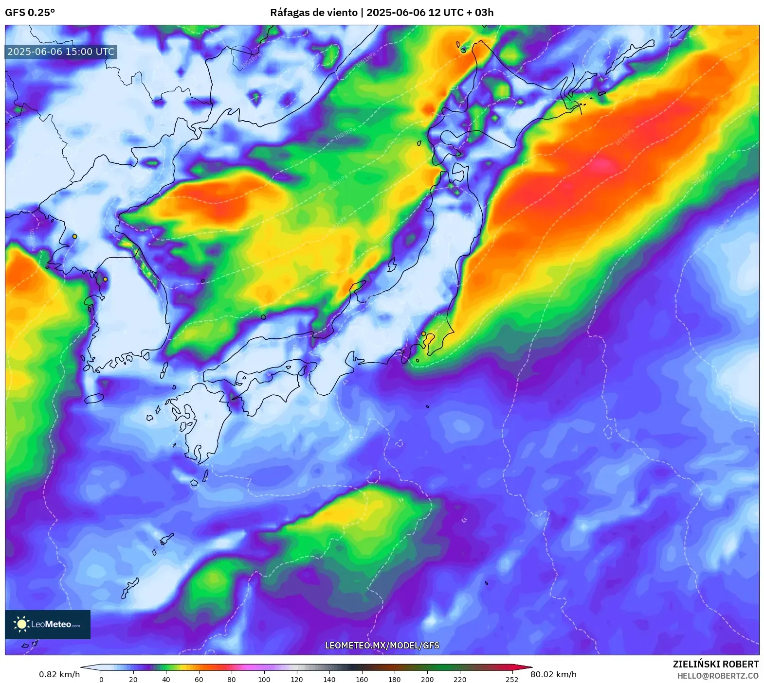 GFS model - Japón, Ráfagas de viento GFS model - Japón, Ráfagas de viento