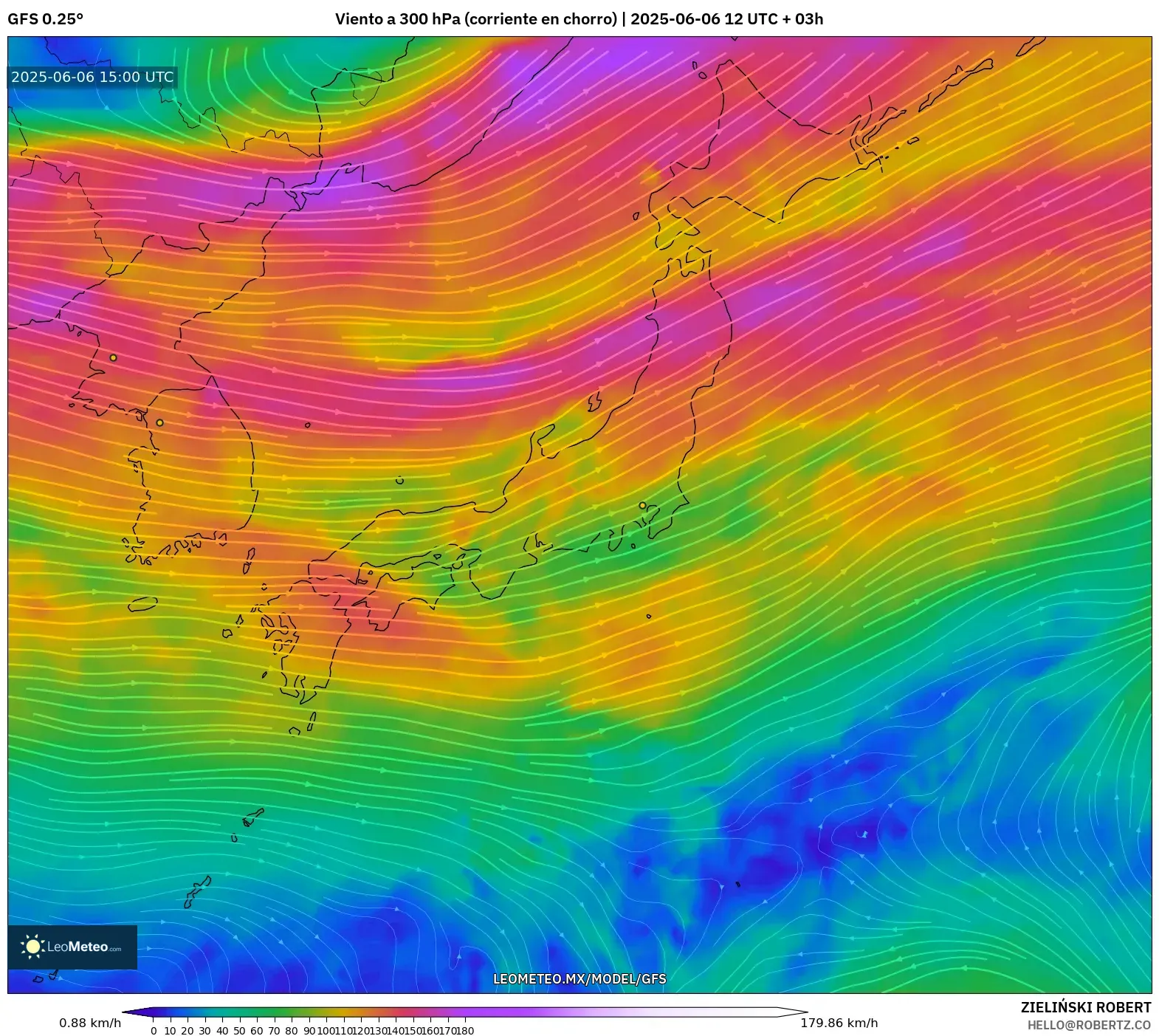 GFS model - Japón, Viento a 300 hPa (corriente en chorro) GFS model - Japón, Viento a 300 hPa (corriente en chorro)